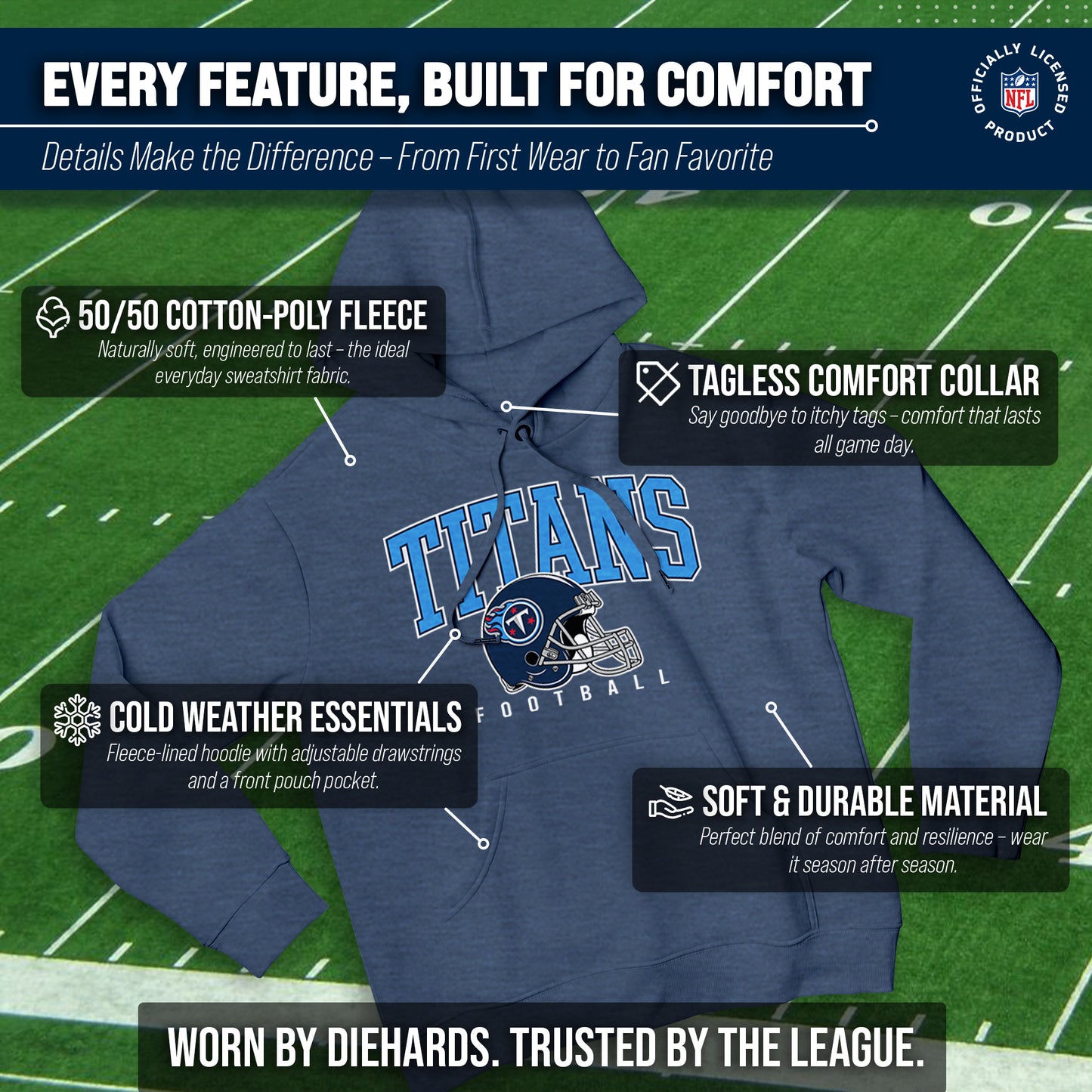 Tennessee Titans NFL Adult Unisex All Star Soft Fleece Hooded Sweatshirt - Navy Heather
