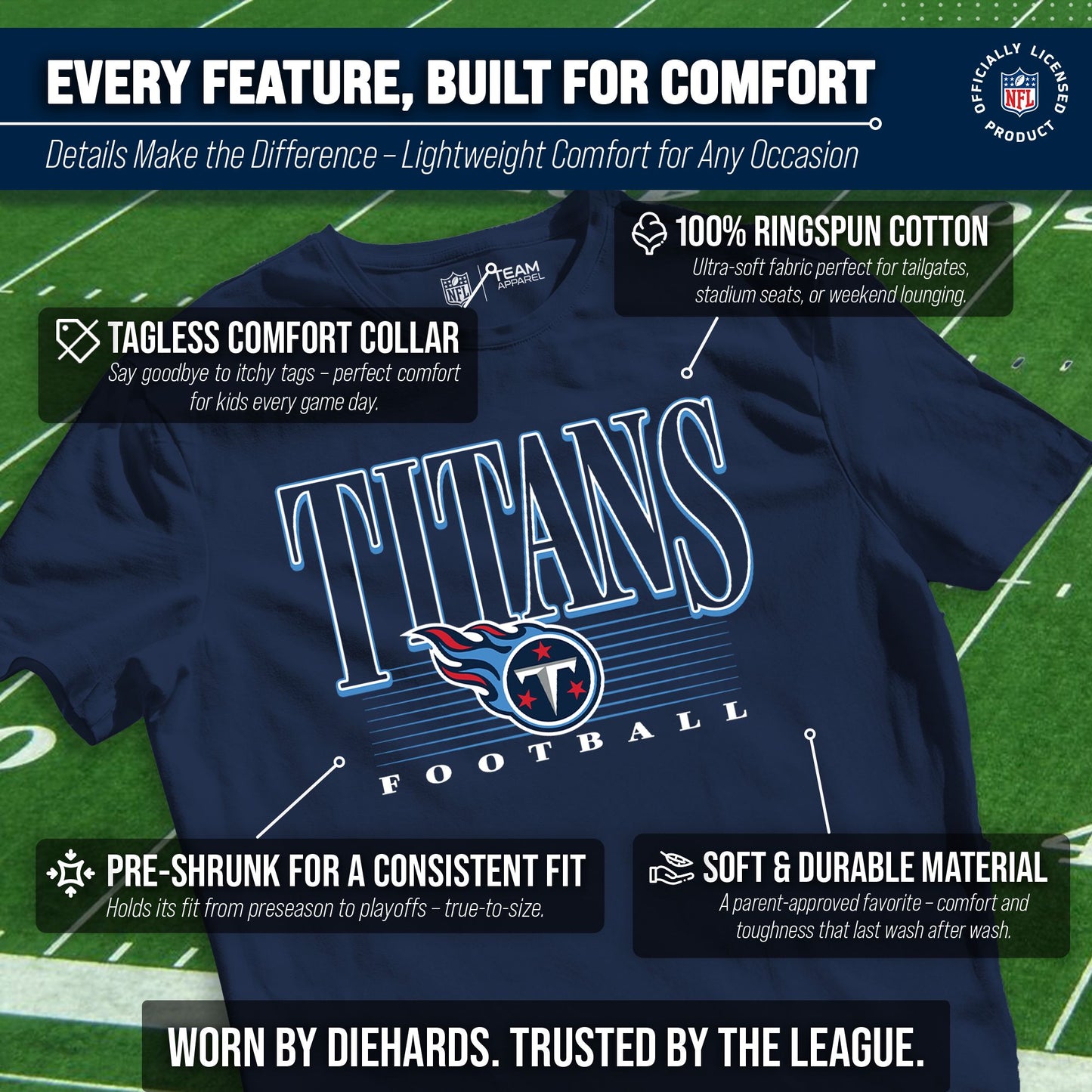 Tennessee Titans NFL Youth Overtime Blueprint Football T-Shirt Unisex Tag Free Comfortable - Navy