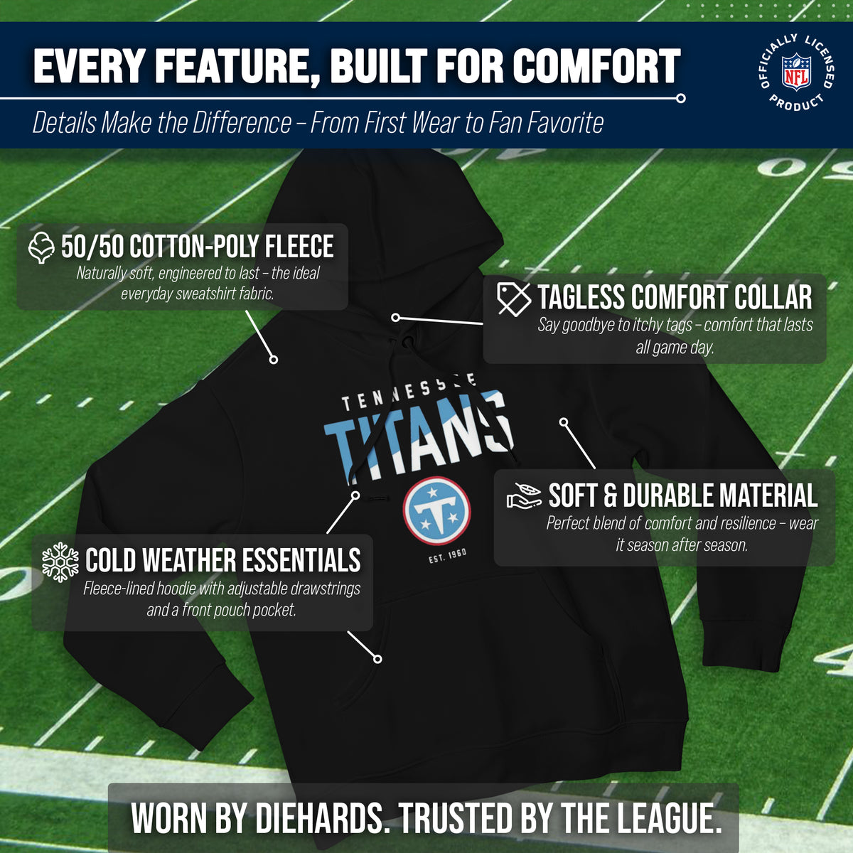 Tennessee Titans Adult NFL Diagonal Fade Fleece Hooded Sweatshirt - Black