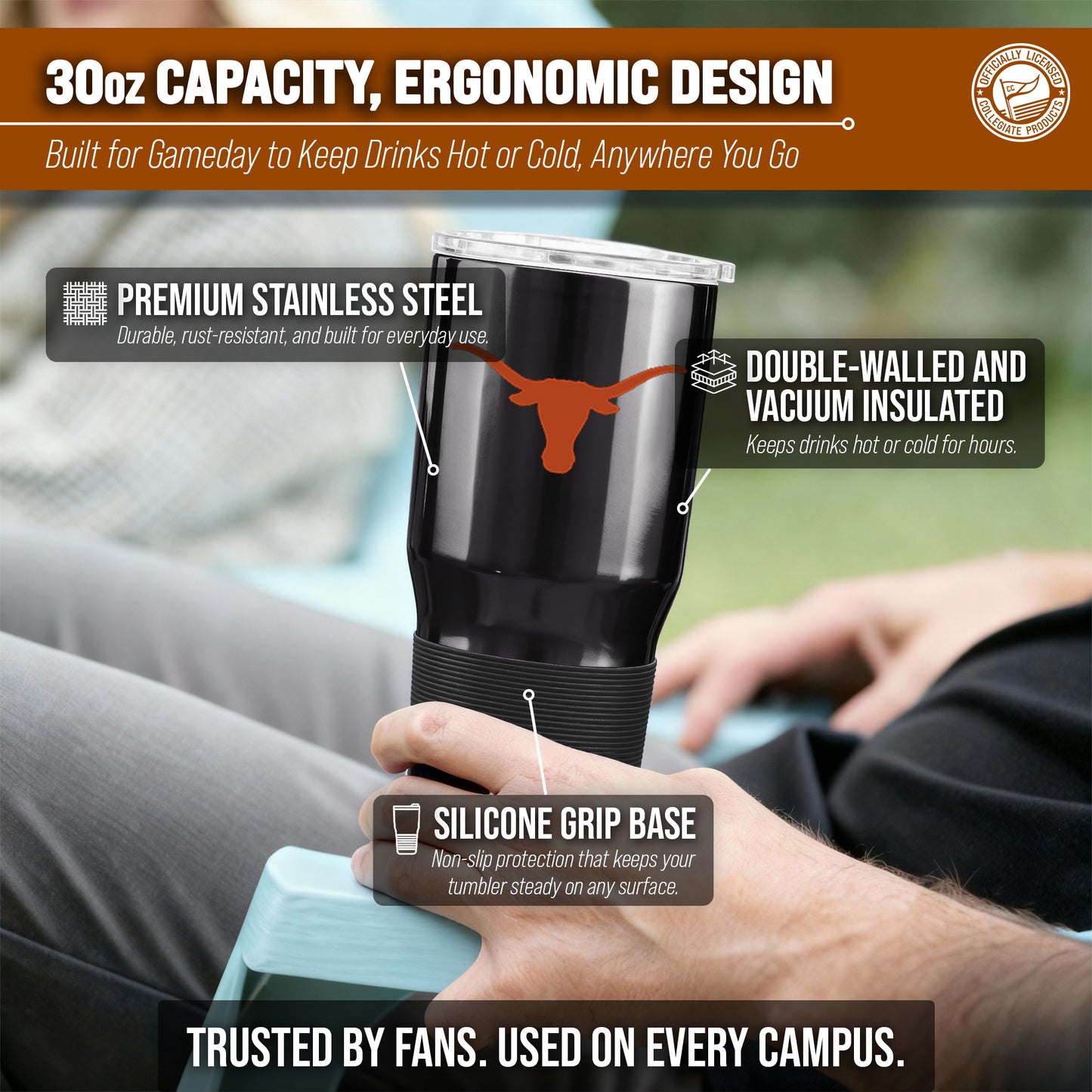 Texas Longhorns NCAA University 30oz Stainless Steel Vacuum Insulated Game Day Tumbler with Silicone Grip - Black