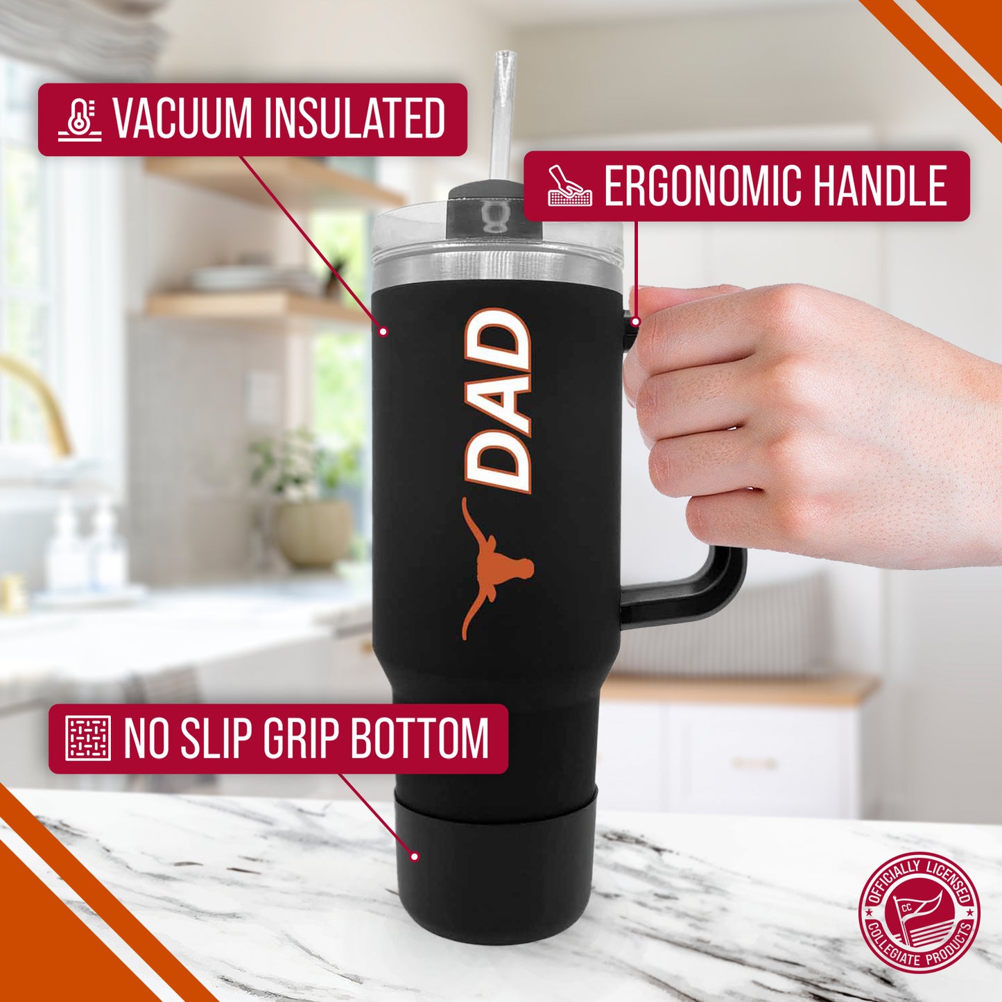 Texas Longhorns Collegiate 40oz Stainless Steel Travel Tumbler with Handle for Dad - Black