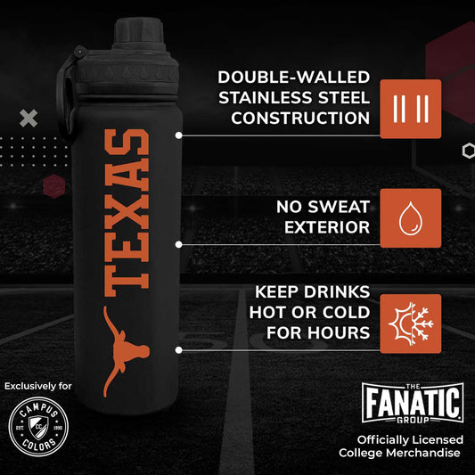 Texas Longhorns  Stainless Steel Water Bottle 24 oz Insulated - Black