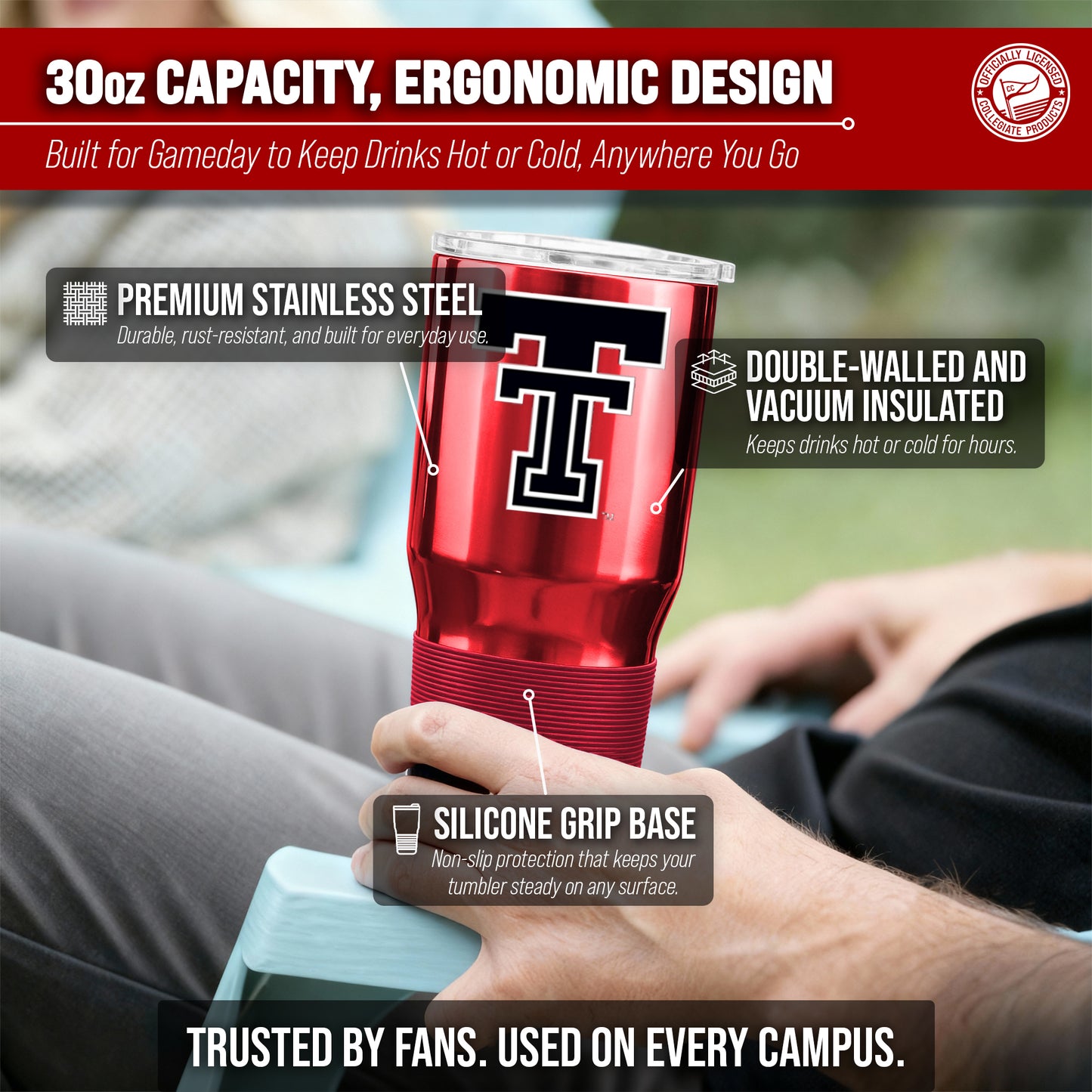 Texas Tech Red Raiders NCAA University 30oz Stainless Steel Vacuum Insulated Game Day Tumbler with Silicone Grip - Red
