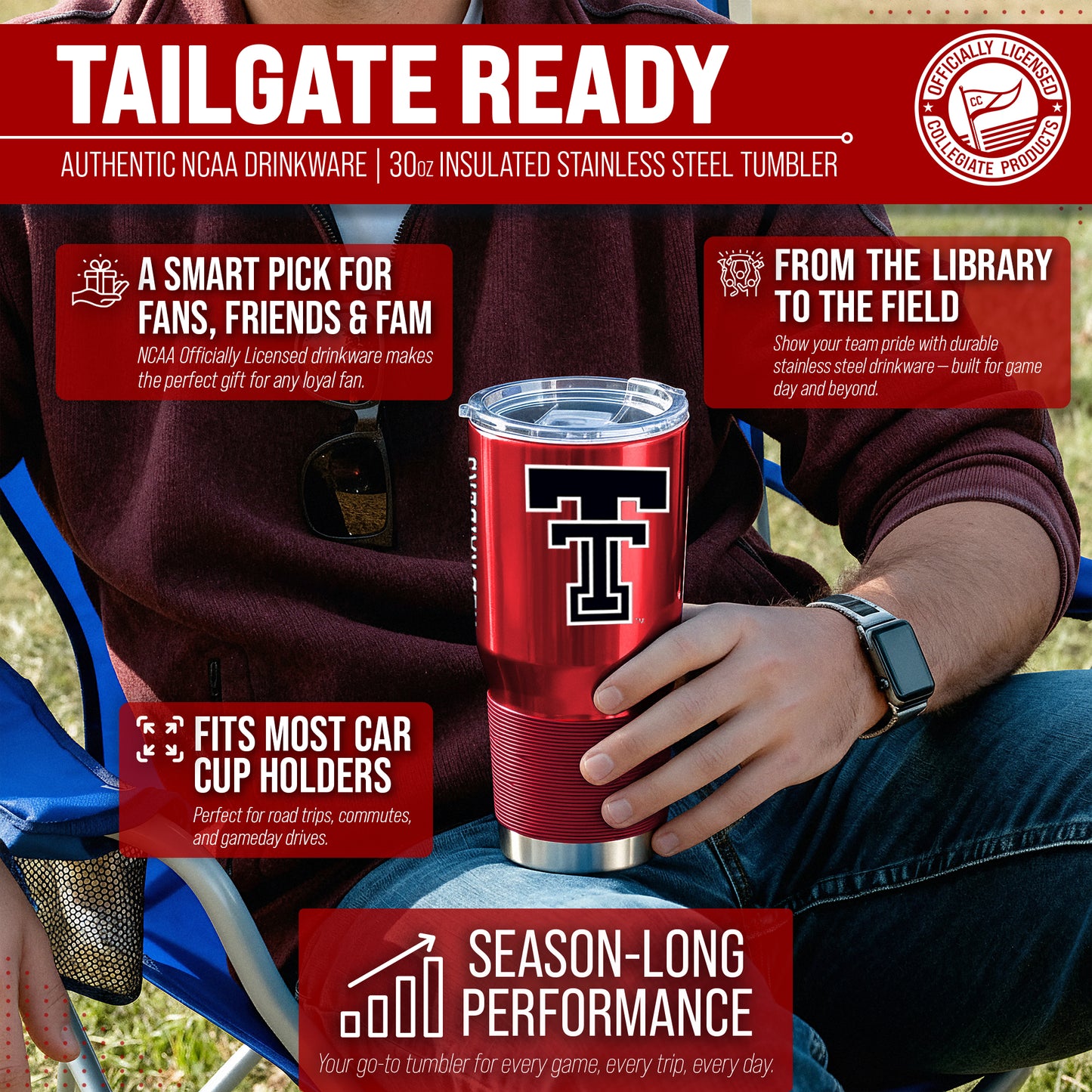 Texas Tech Red Raiders NCAA University 30oz Stainless Steel Vacuum Insulated Game Day Tumbler with Silicone Grip - Red