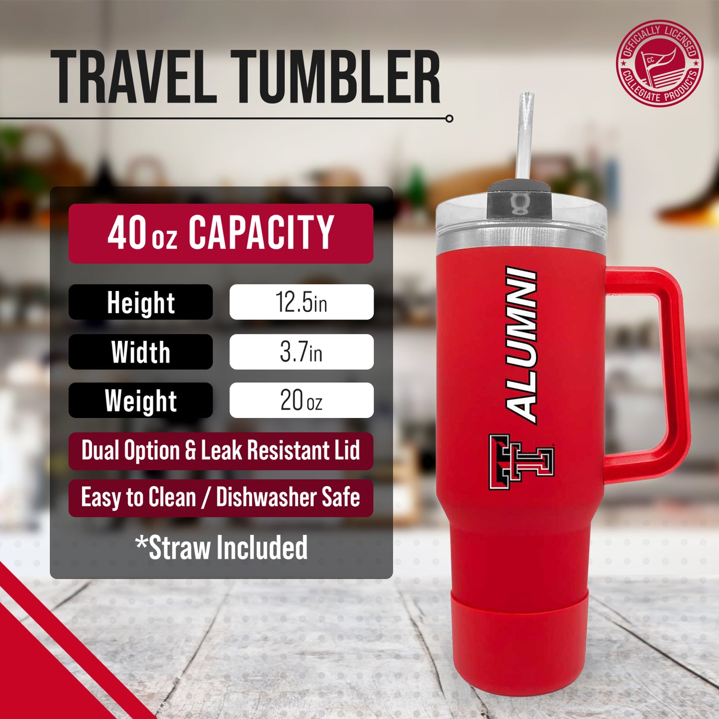 Texas Tech Red Raiders Collegiate 40oz Stainless Steel Travel Tumbler with Handle for Alumni - Red