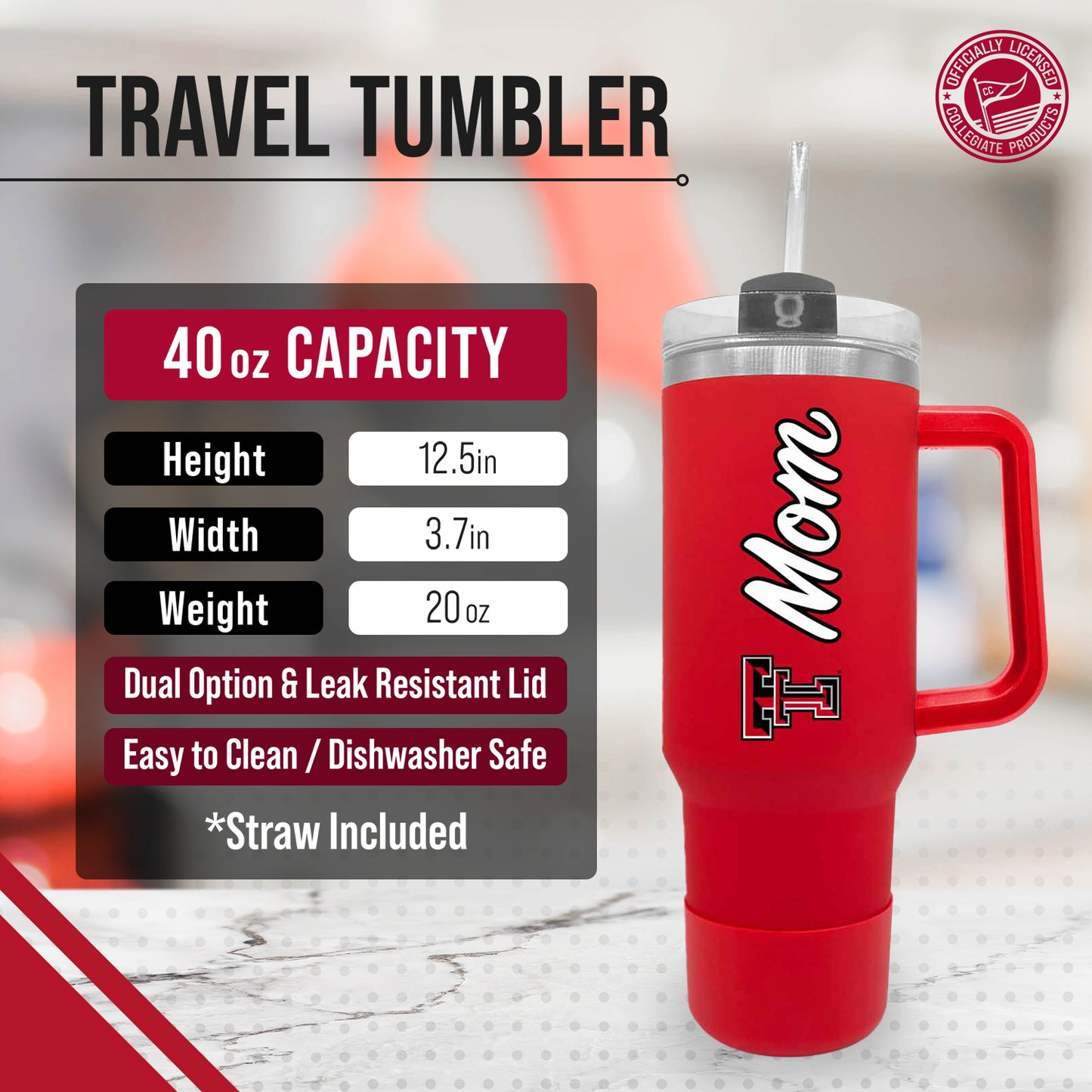 Texas Tech Red Raiders Collegiate 40oz Stainless Steel Travel Tumbler with Handle for Mom - Red