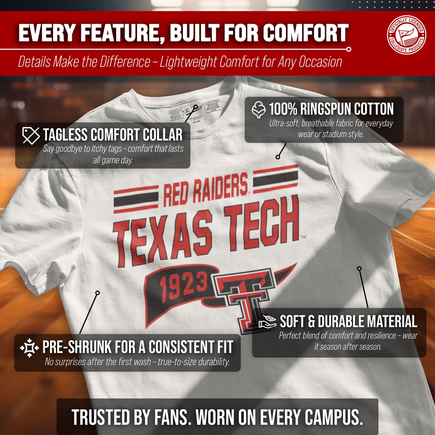 Texas Tech Red Raiders NCAA Adult Unisex Varsity Club Pennant T-Shirt Tag-Less - Off White