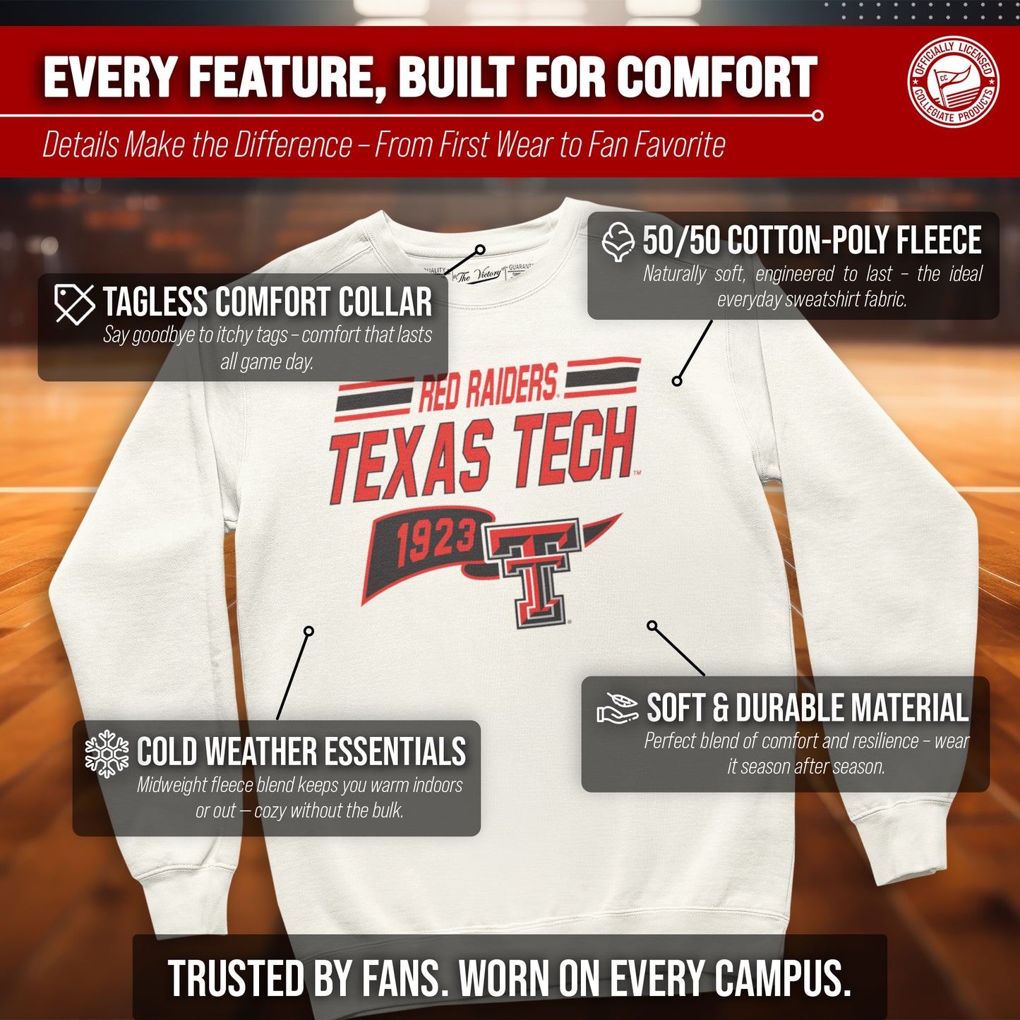 Texas Tech Red Raiders NCAA Adult Unisex Varsity Club Pennant Crewneck Fleece Sweatshirt - Off White