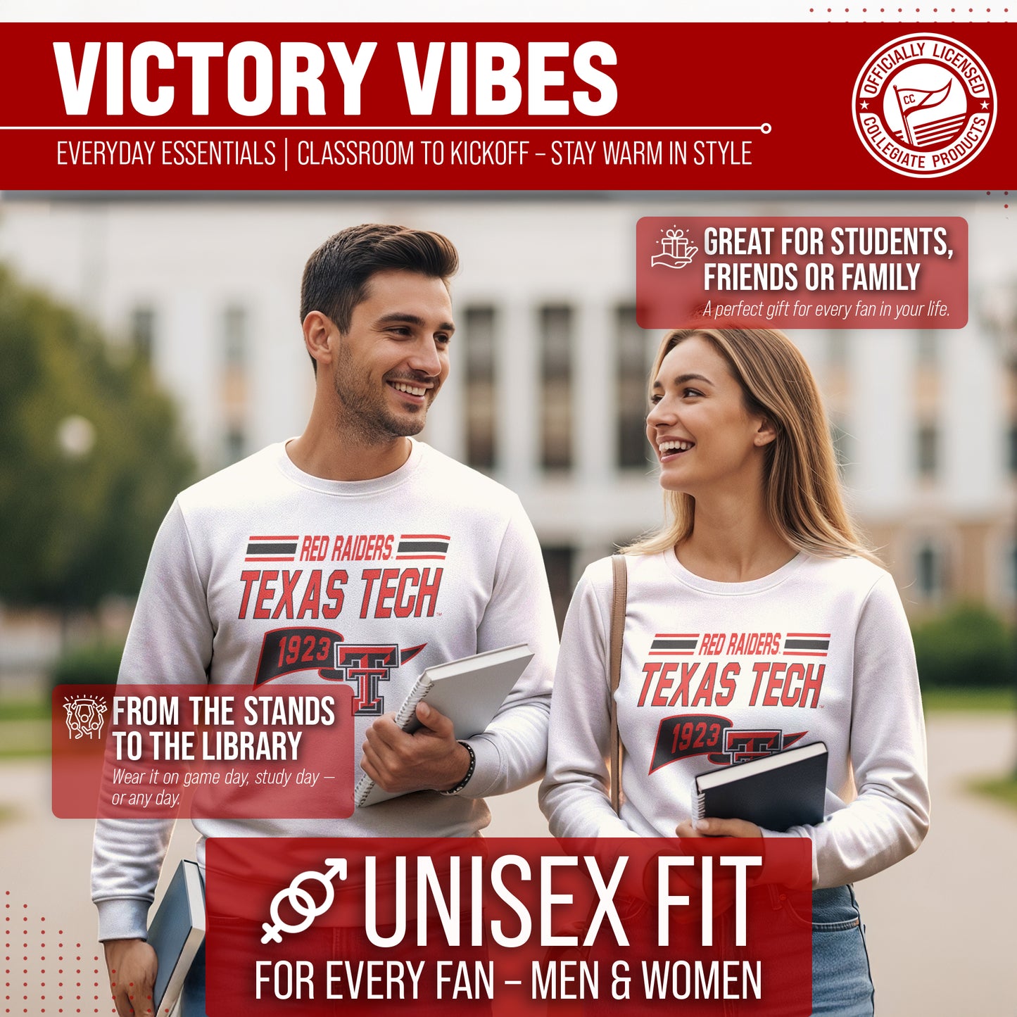 Texas Tech Red Raiders NCAA Adult Unisex Varsity Club Pennant Crewneck Fleece Sweatshirt - Off White