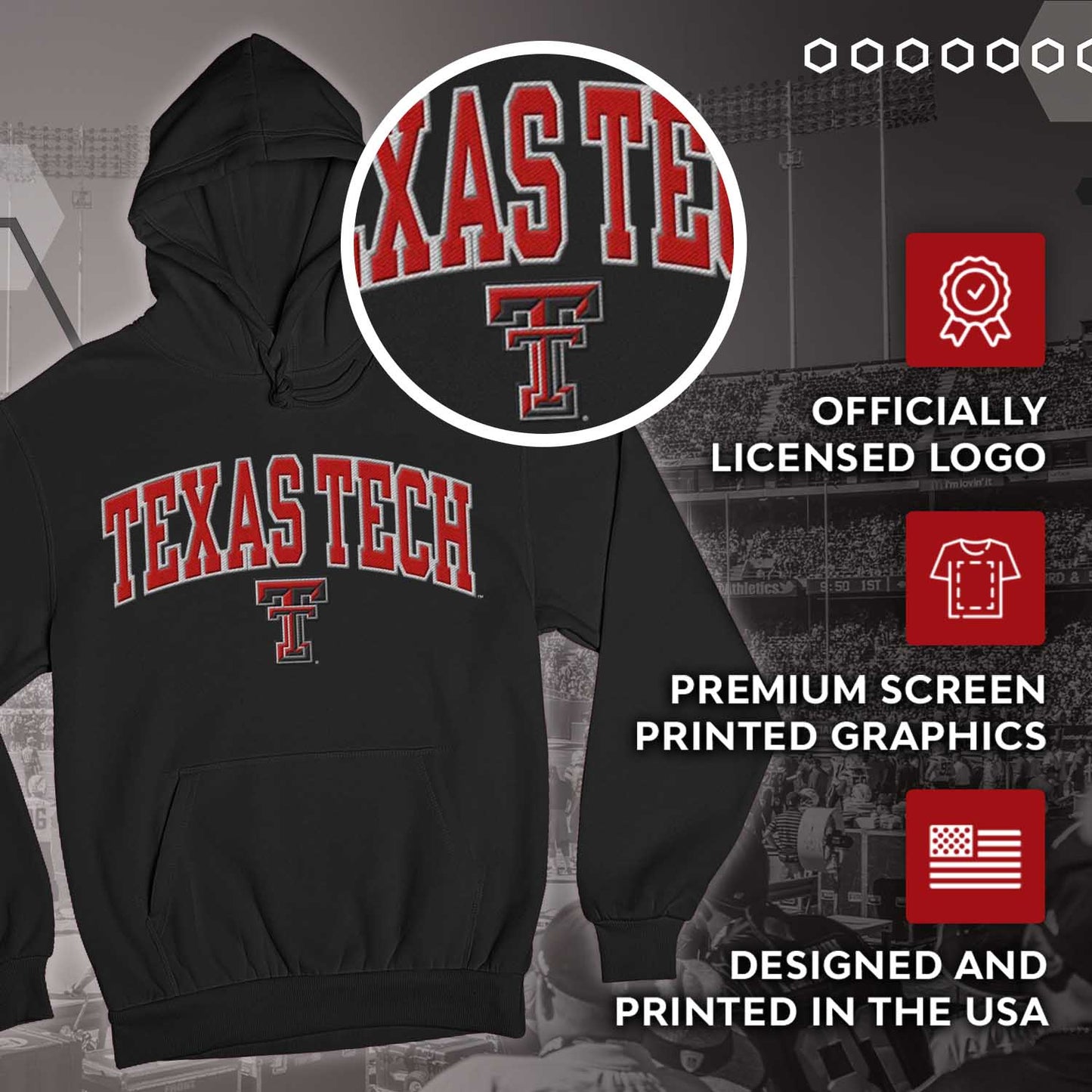 Texas Tech Red Raiders NCAA Adult Tackle Twill Hooded Sweatshirt - Black