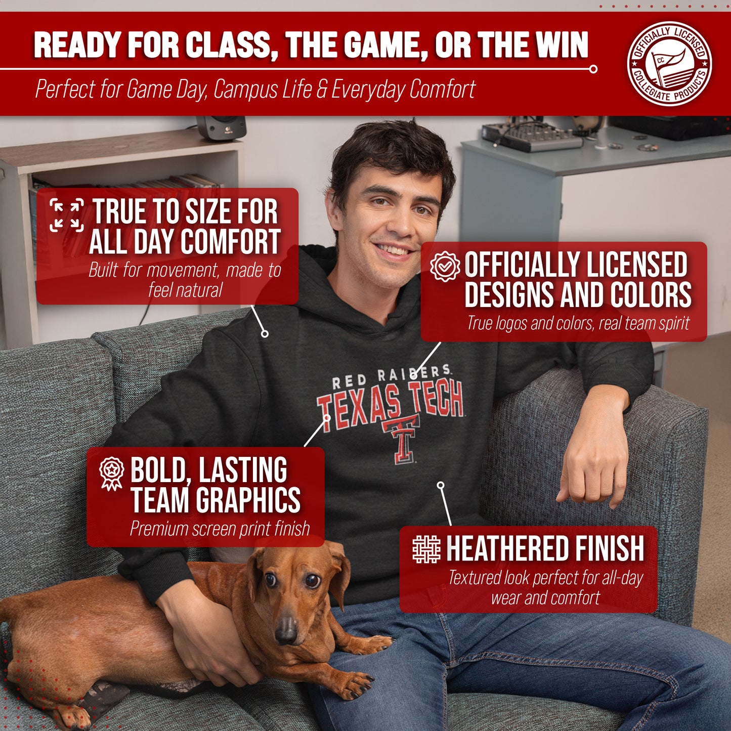 Texas Tech Red Raiders NCAA Adult Unisex Starting Fresh Heathered Hooded Fleece Sweatshirt - Black Heather
