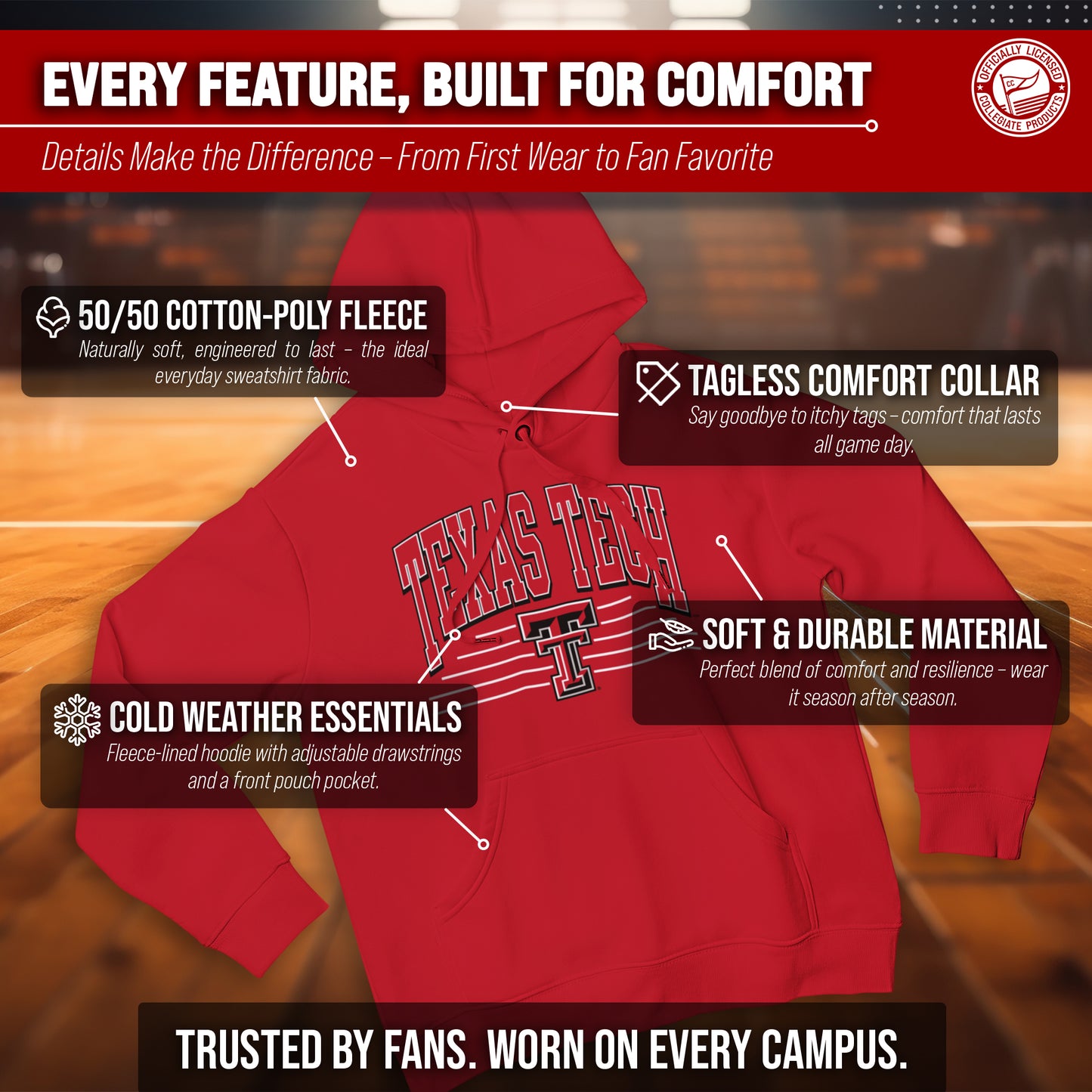 Texas Tech Red Raiders NCAA Adult Unisex Overtime Classics Hooded Fleece Sweatshirt - Red