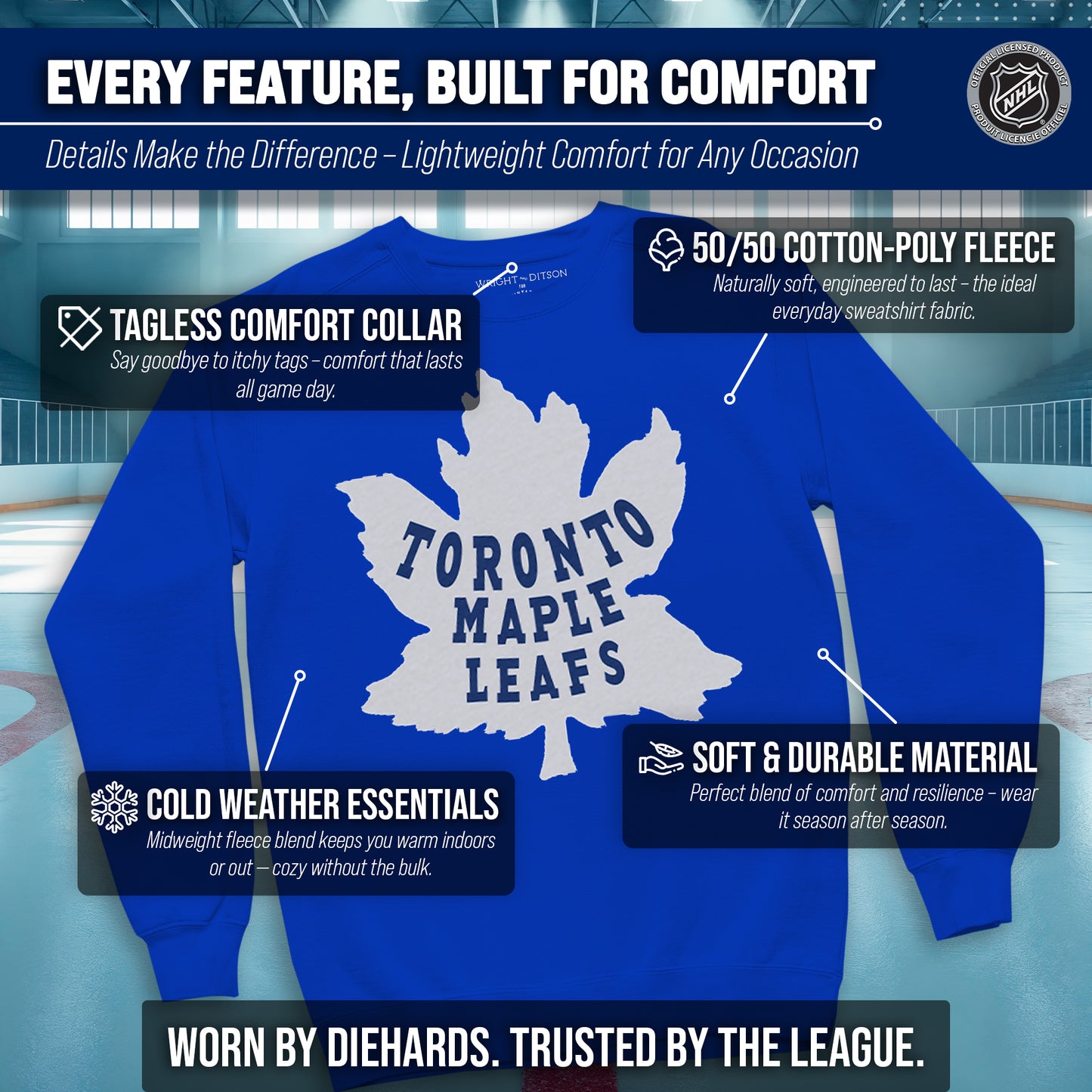 Toronto Maple Leafs Adult NHL Retro Logo Hockey Fleece Crewneck Sweatshirt - Royal Heather