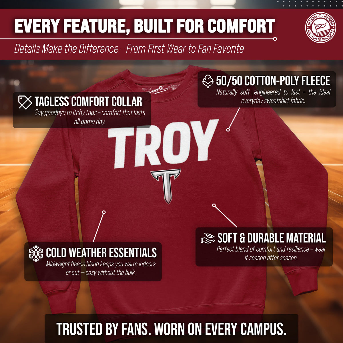 Troy Trojans Adult Arch & Logo Soft Style Gameday Crewneck Sweatshirt - Cardinal