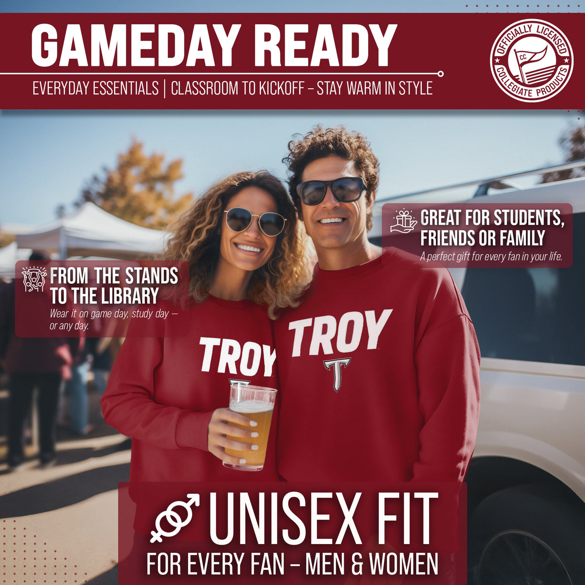 Troy Trojans Adult Arch & Logo Soft Style Gameday Crewneck Sweatshirt - Cardinal