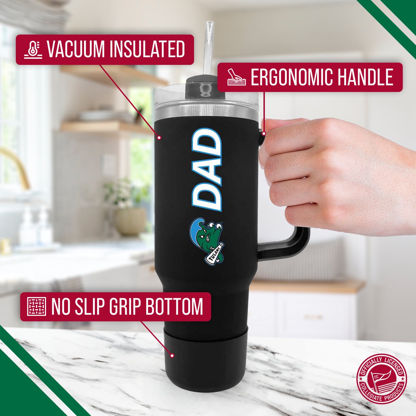 Tulane Green Wave Collegiate 40oz Stainless Steel Travel Tumbler with Handle for Dad - Black