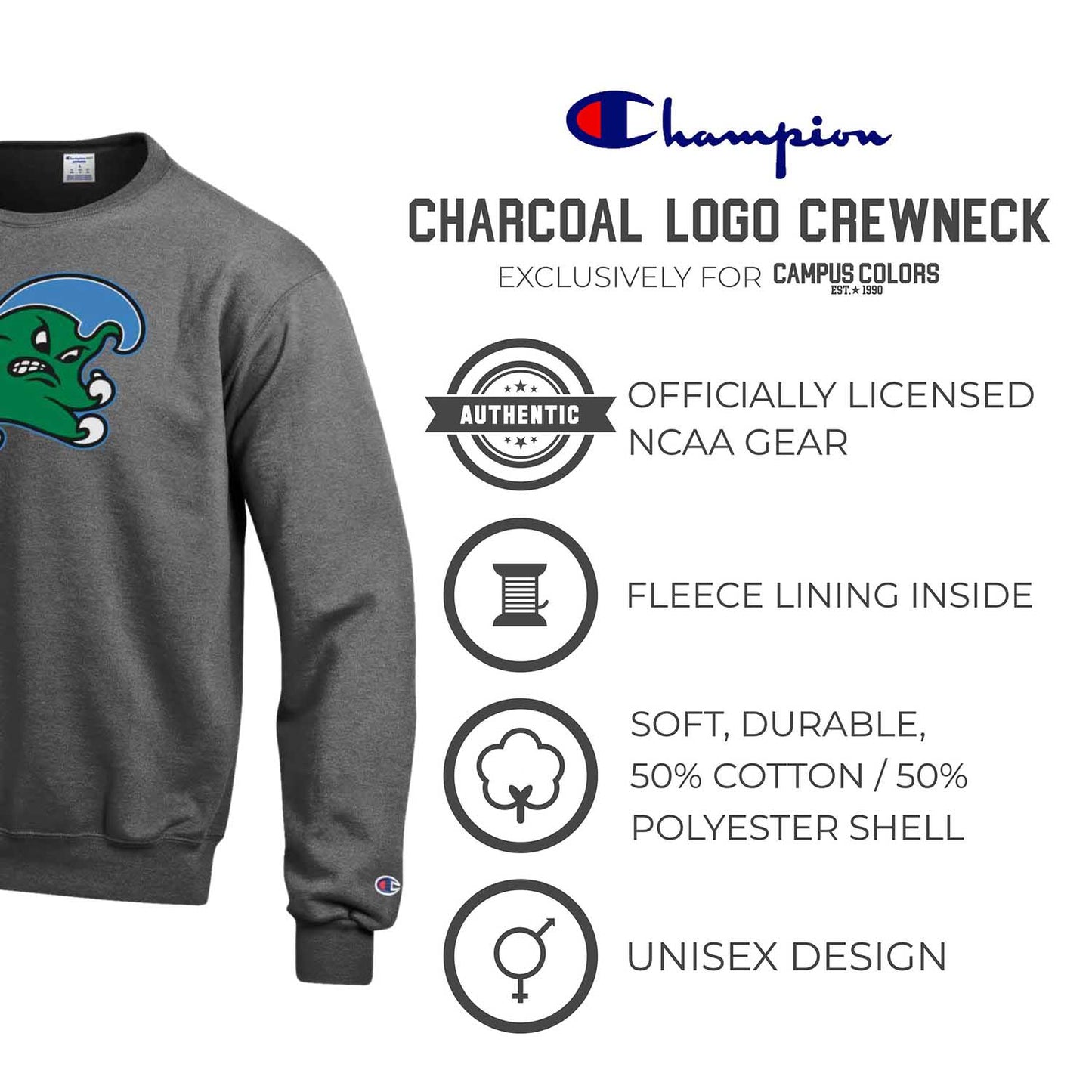 Tulane Green Wave Adult Mascot Fleece Crewneck - Charcoal
