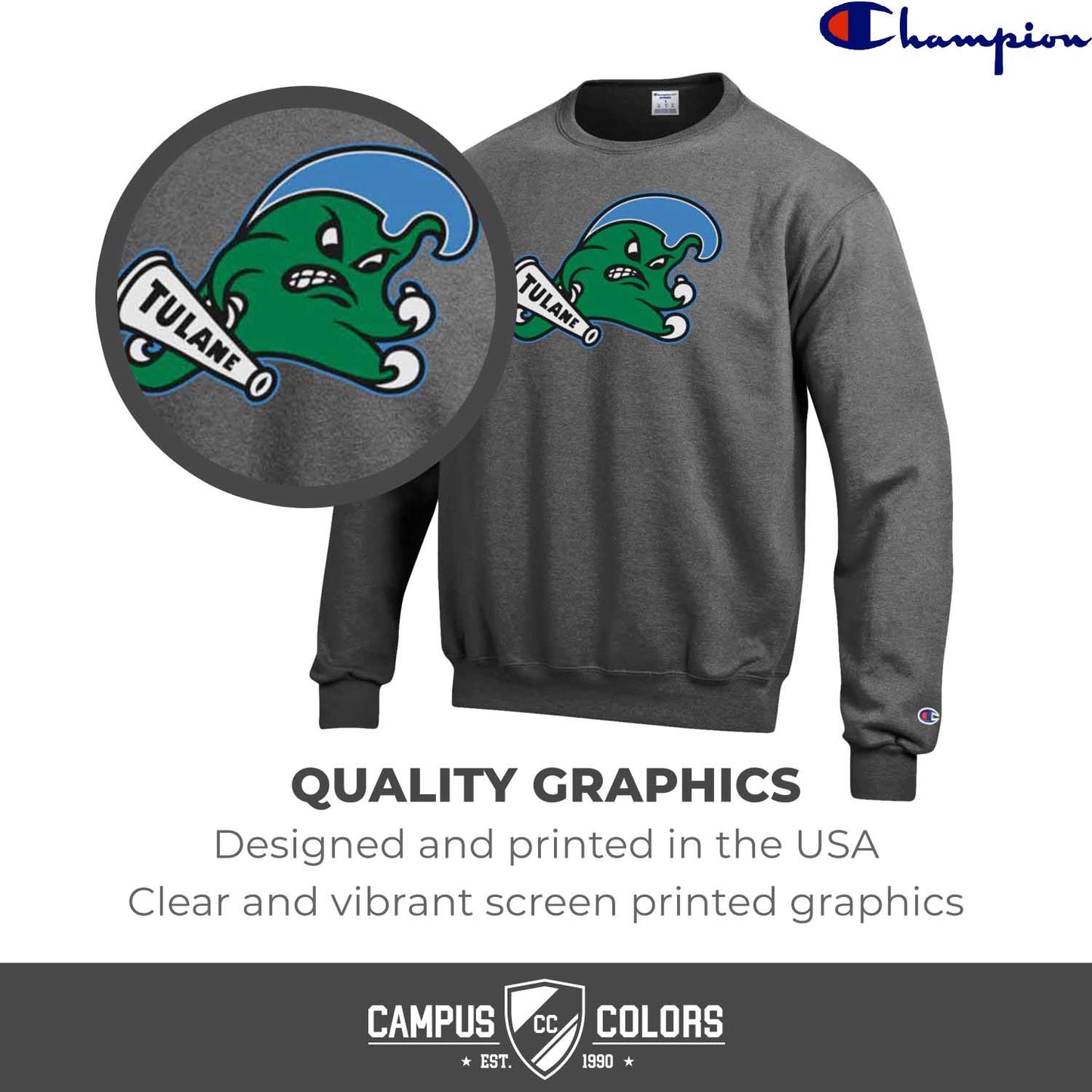 Tulane Green Wave Adult Mascot Fleece Crewneck - Charcoal