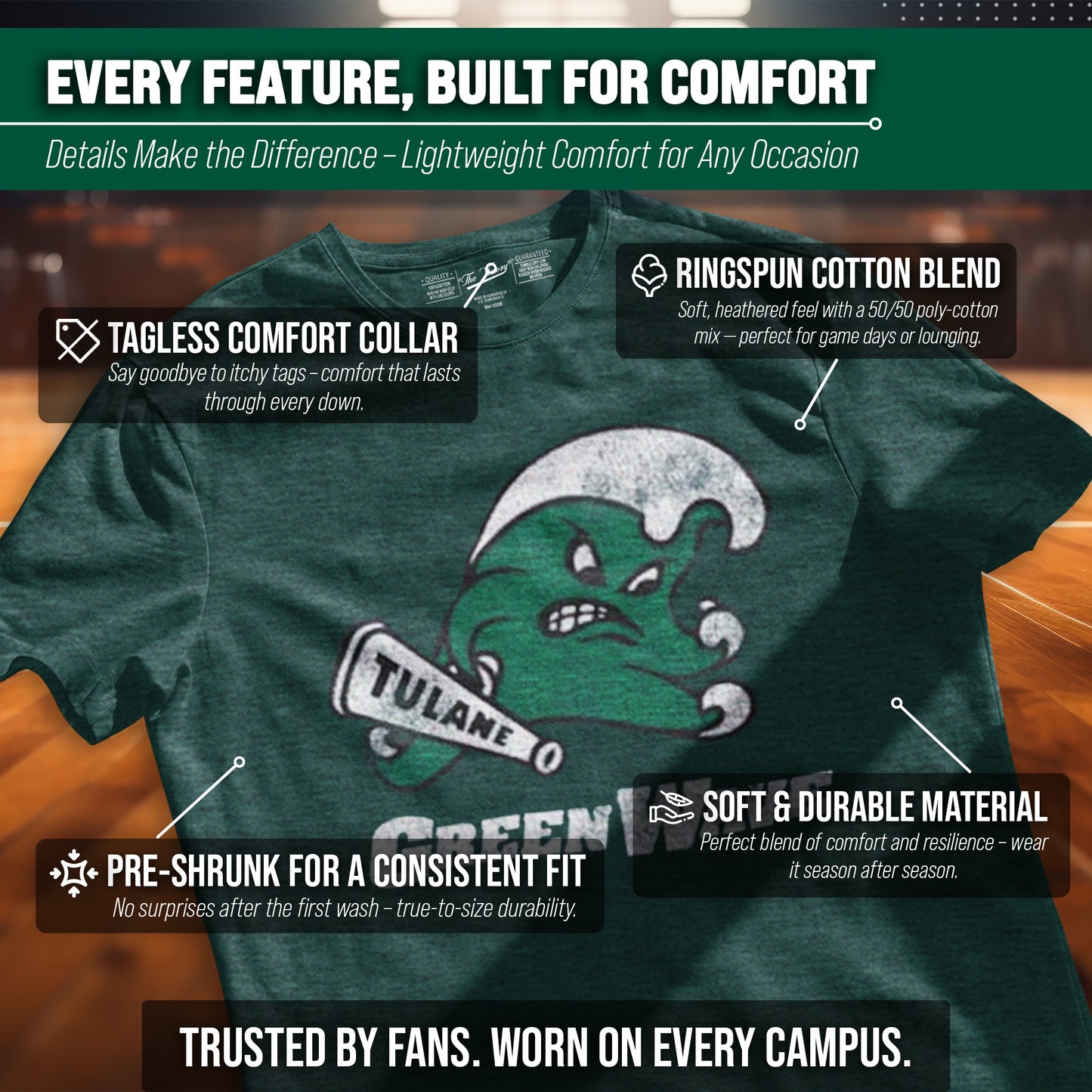 Tulane Green Wave Adult MVP Heathered Cotton Blend T-Shirt - Green
