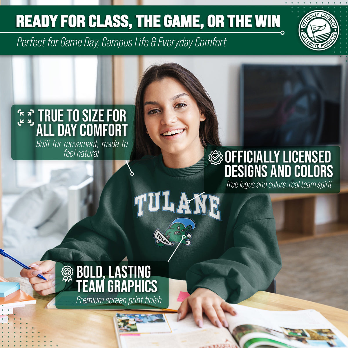 Tulane Green Wave Adult Arch & Logo Soft Style Gameday Crewneck Sweatshirt - Black