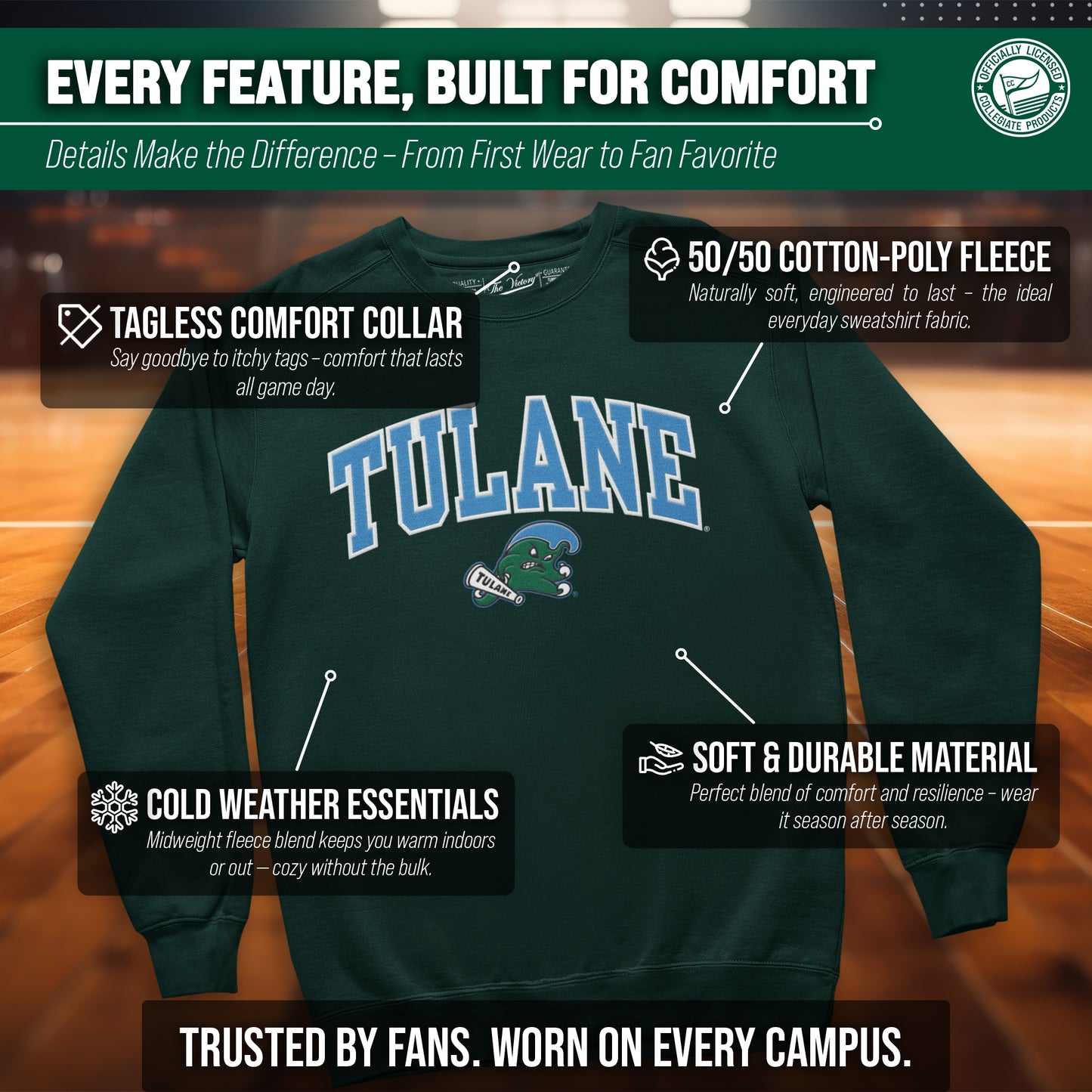 Tulane Green Wave Adult Tackle Twill Crewneck - Green