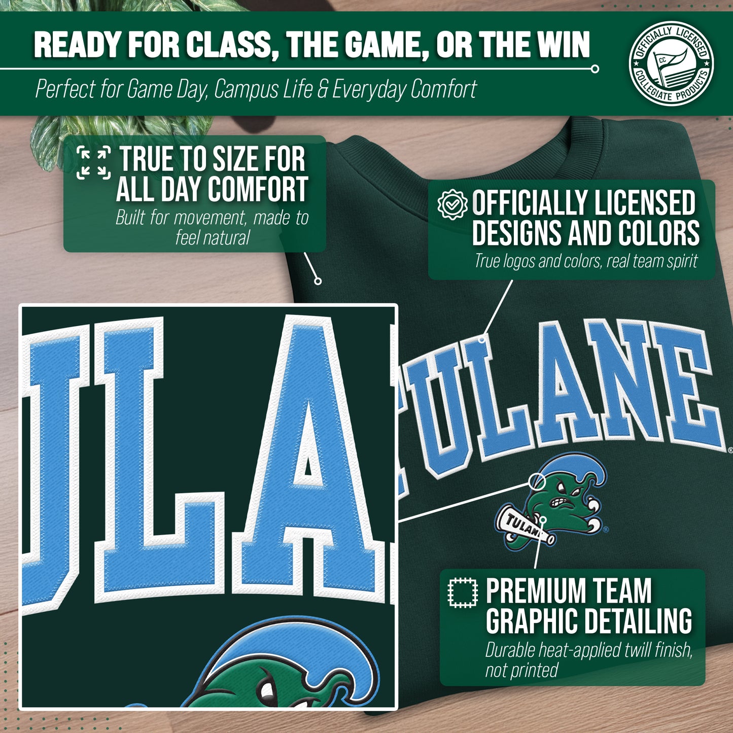 Tulane Green Wave Adult Tackle Twill Crewneck - Green