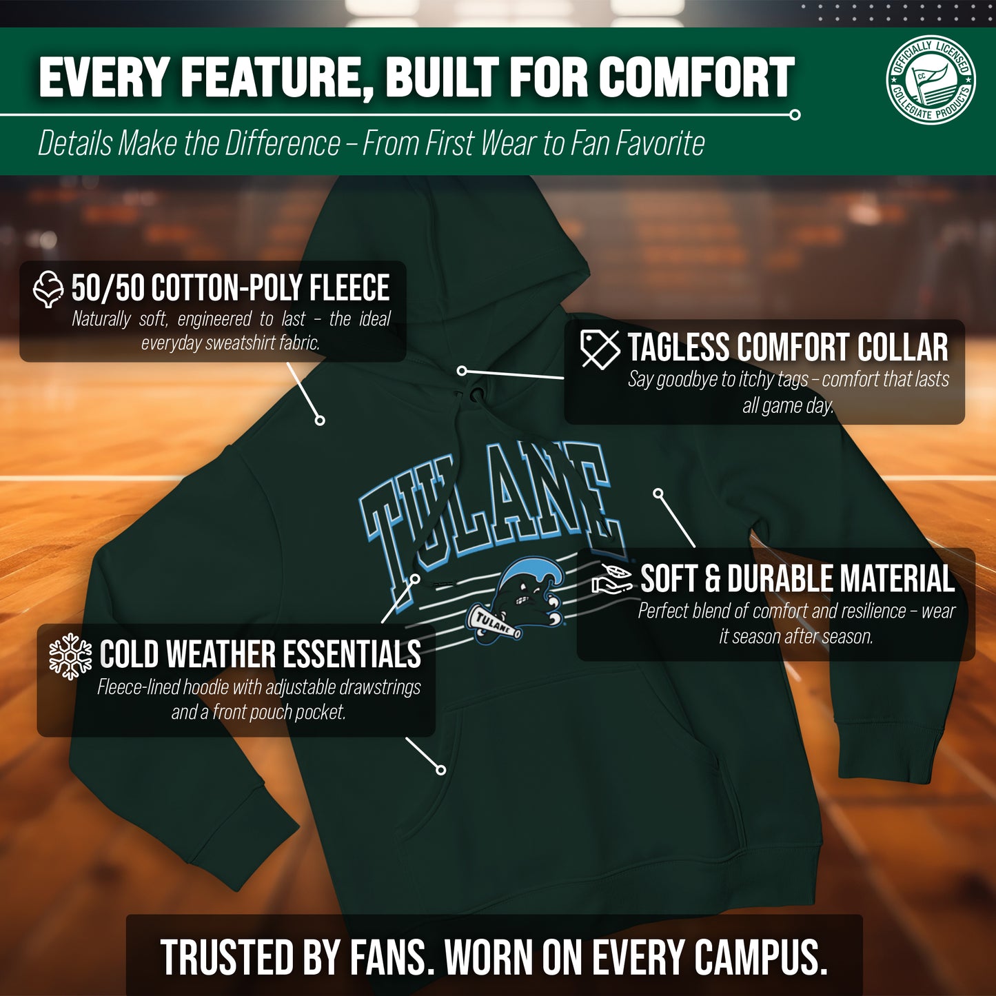 Tulane Green Wave NCAA Adult Unisex Overtime Classics Hooded Fleece Sweatshirt - Forest Green
