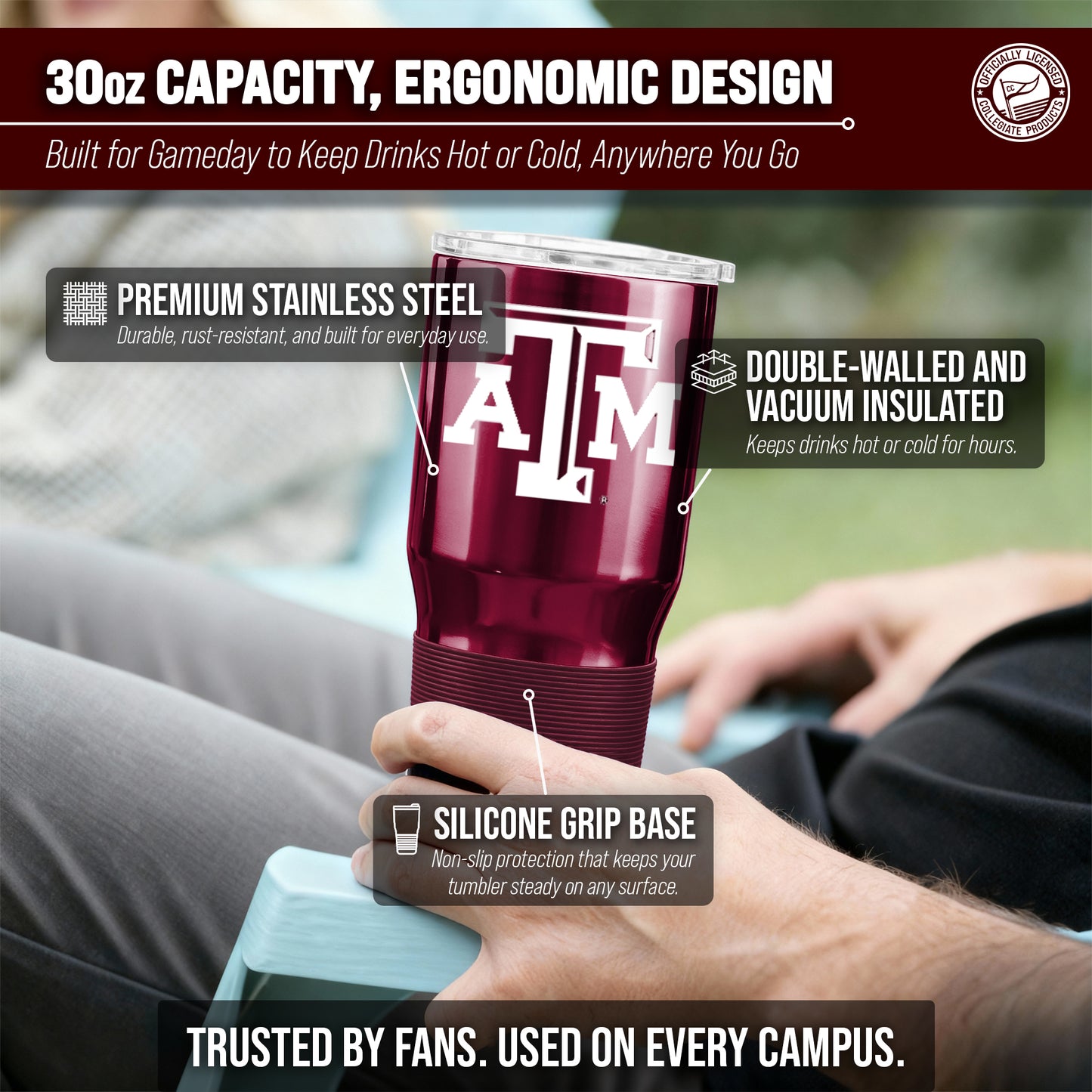 Texas A&M Aggies NCAA University 30oz Stainless Steel Vacuum Insulated Game Day Tumbler with Silicone Grip - Maroon