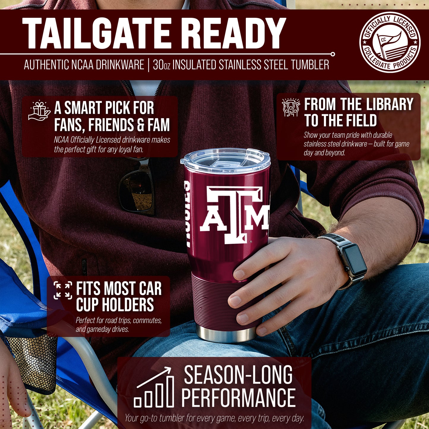 Texas A&M Aggies NCAA University 30oz Stainless Steel Vacuum Insulated Game Day Tumbler with Silicone Grip - Maroon