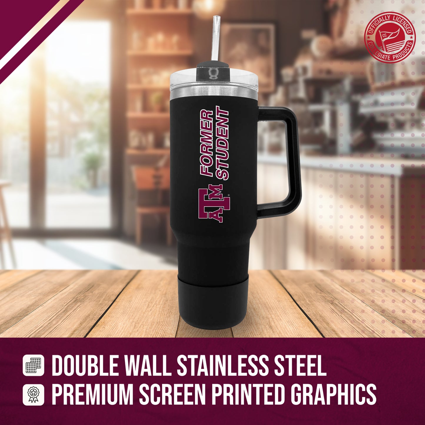 Texas A&M Aggies Collegiate 40oz Stainless Steel Travel Tumbler with Handle for Alumni - Black