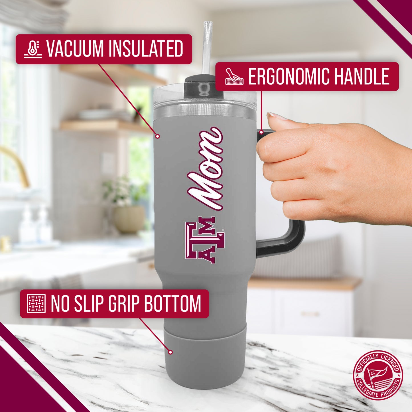 Texas A&M Aggies Collegiate 40oz Stainless Steel Travel Tumbler with Handle for Mom - Gray