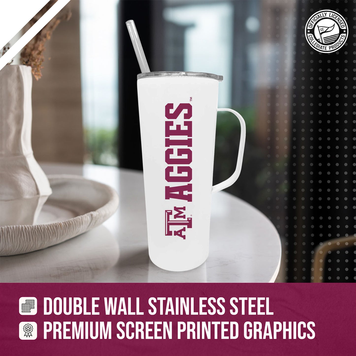 Texas A&M Aggies NCAA Stainless Steel 20oz Roadie With Handle & Dual Option Lid With Straw - White
