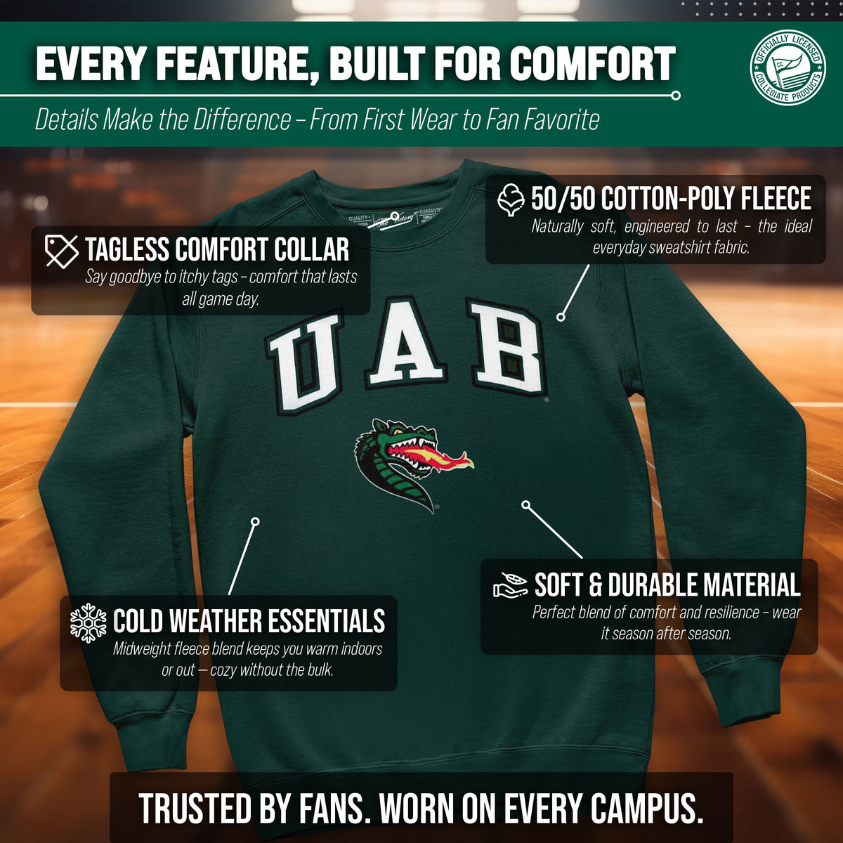 UAB Blazers Adult Arch & Logo Soft Style Gameday Crewneck Sweatshirt - Green