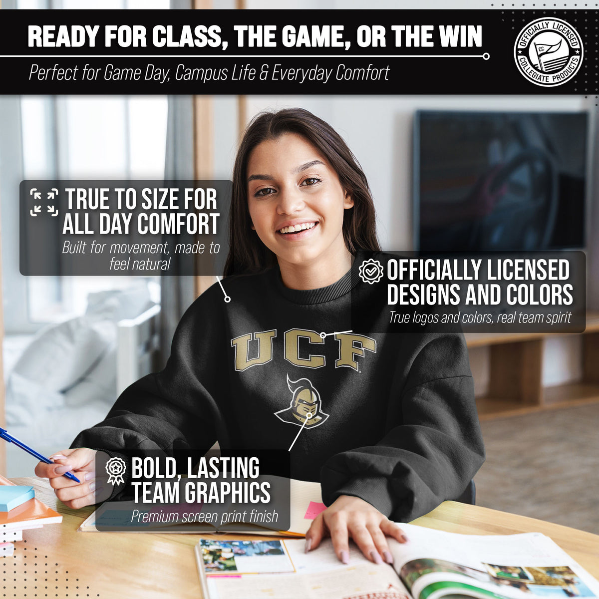 Central Florida Knights Adult Arch & Logo Soft Style Gameday Crewneck Sweatshirt - Black