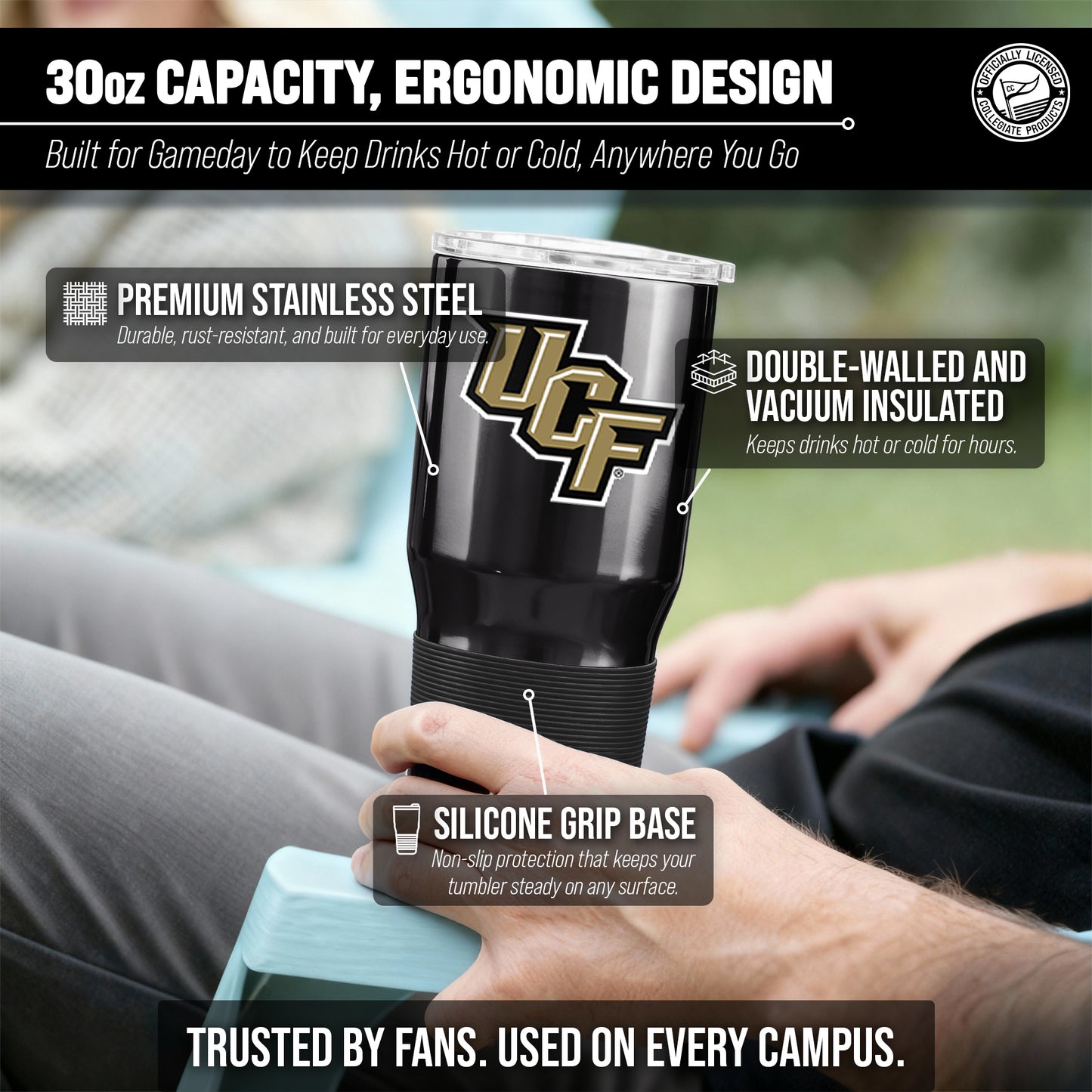Central Florida Knights NCAA University 30oz Stainless Steel Vacuum Insulated Game Day Tumbler with Silicone Grip - Black