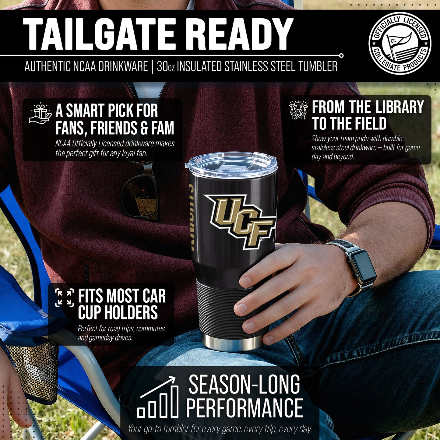 Central Florida Knights NCAA University 30oz Stainless Steel Vacuum Insulated Game Day Tumbler with Silicone Grip - Black