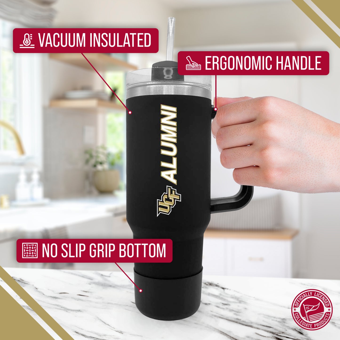 Central Florida Knights Collegiate 40oz Stainless Steel Travel Tumbler with Handle for Alumni - Black