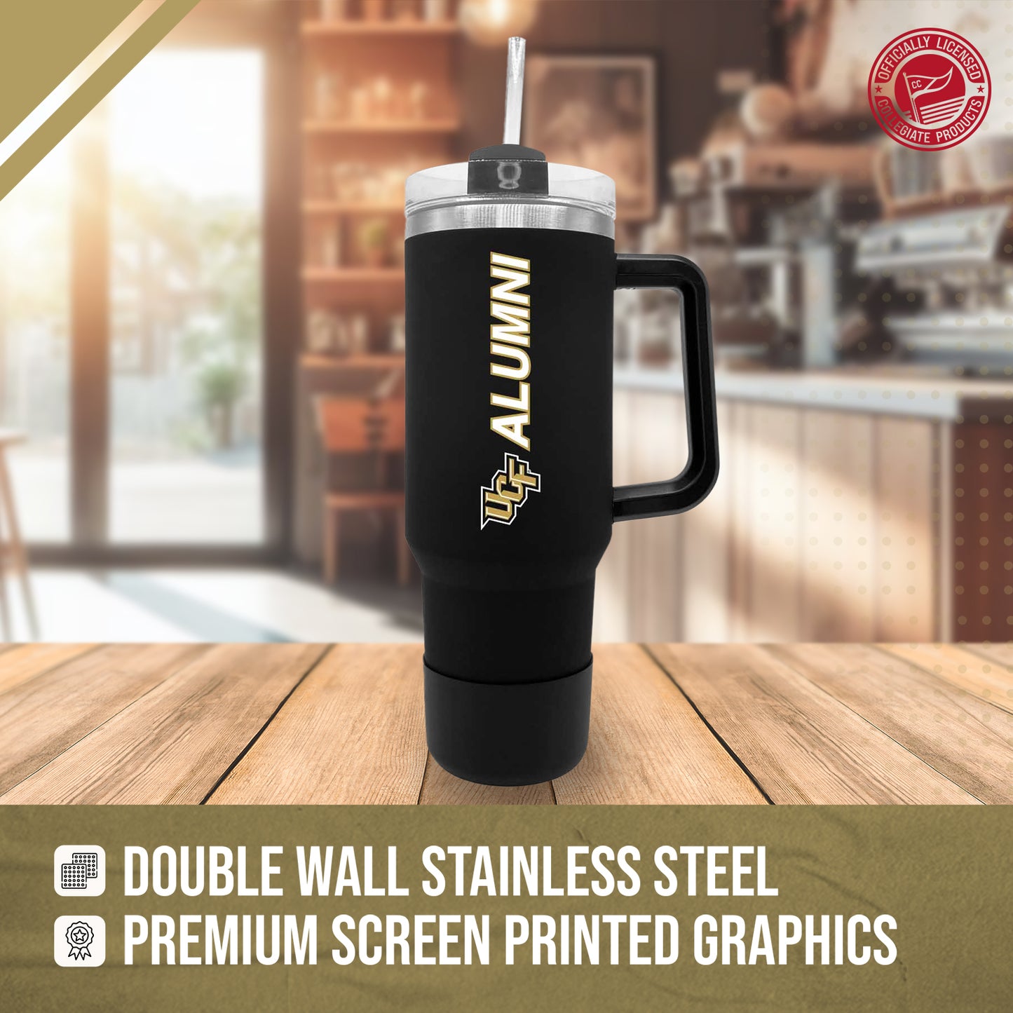 Central Florida Knights Collegiate 40oz Stainless Steel Travel Tumbler with Handle for Alumni - Black