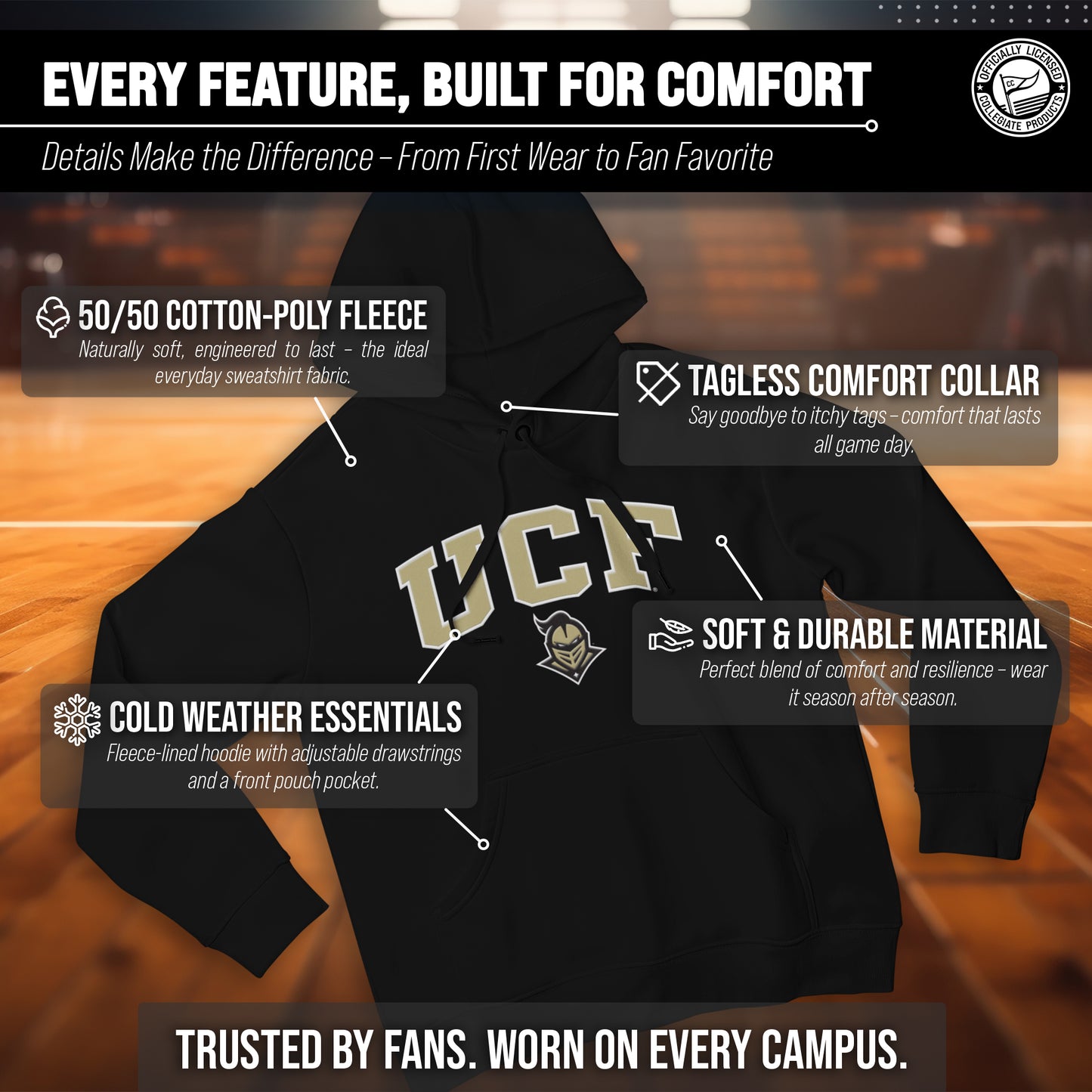 Central Florida Knights NCAA Adult Tackle Twill Hooded Sweatshirt - Black