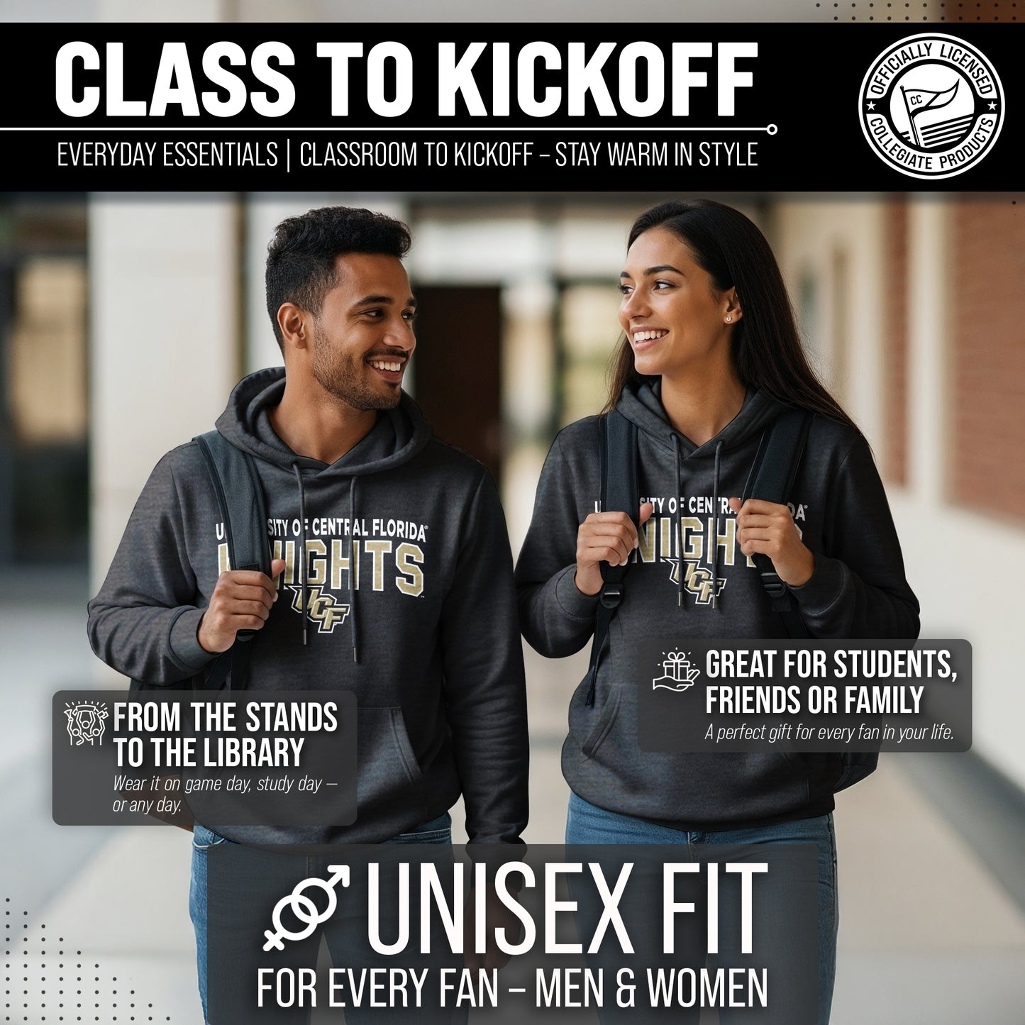 Central Florida Knights NCAA Adult Unisex Starting Fresh Heathered Hooded Fleece Sweatshirt - Black Heather