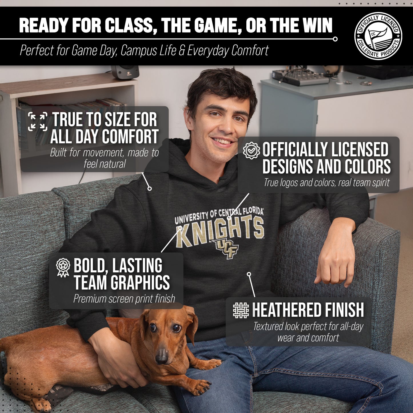 Central Florida Knights NCAA Adult Unisex Starting Fresh Heathered Hooded Fleece Sweatshirt - Black Heather
