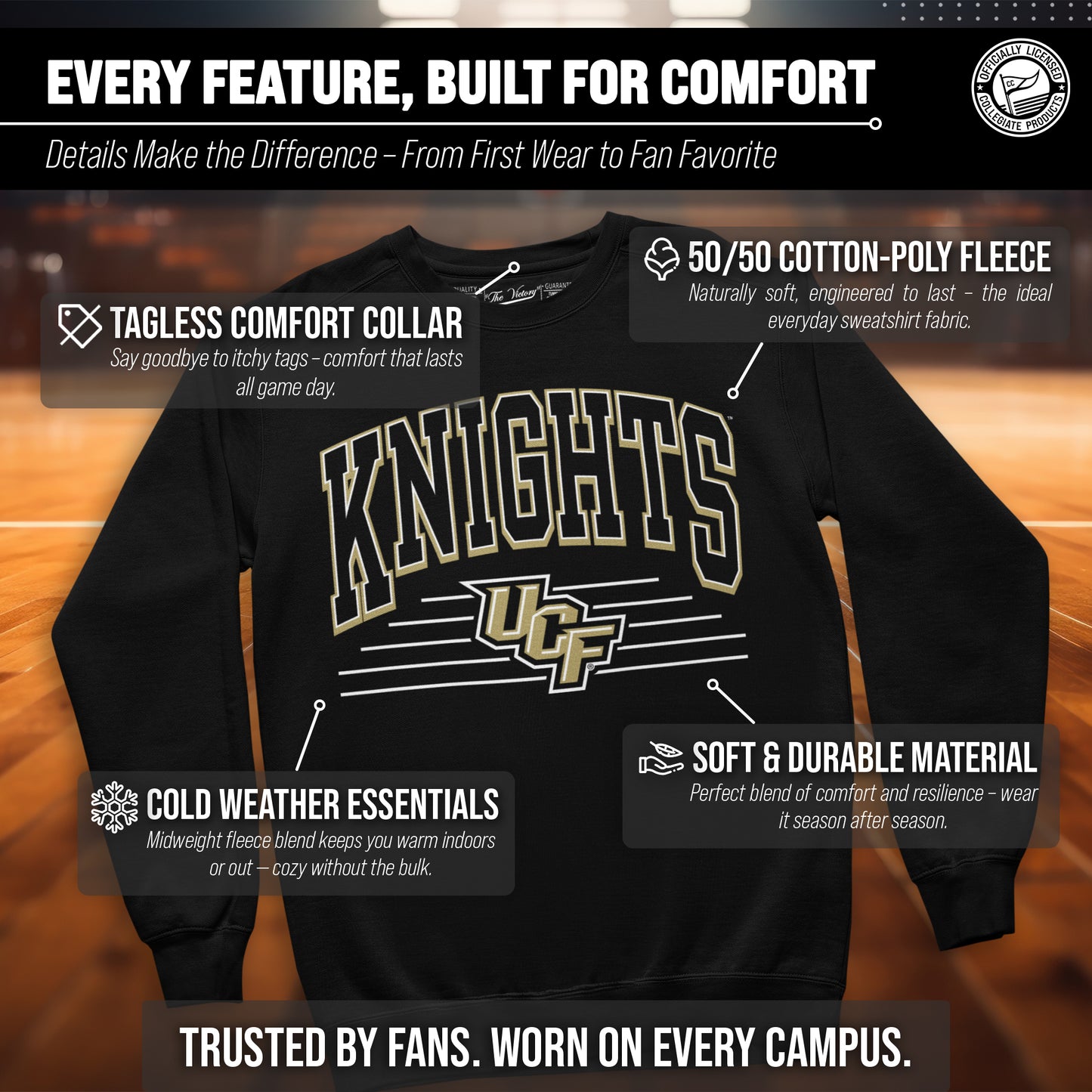 Central Florida Knights NCAA Adult Unisex Overtime Classics Crewneck Fleece Sweatshirt - Black