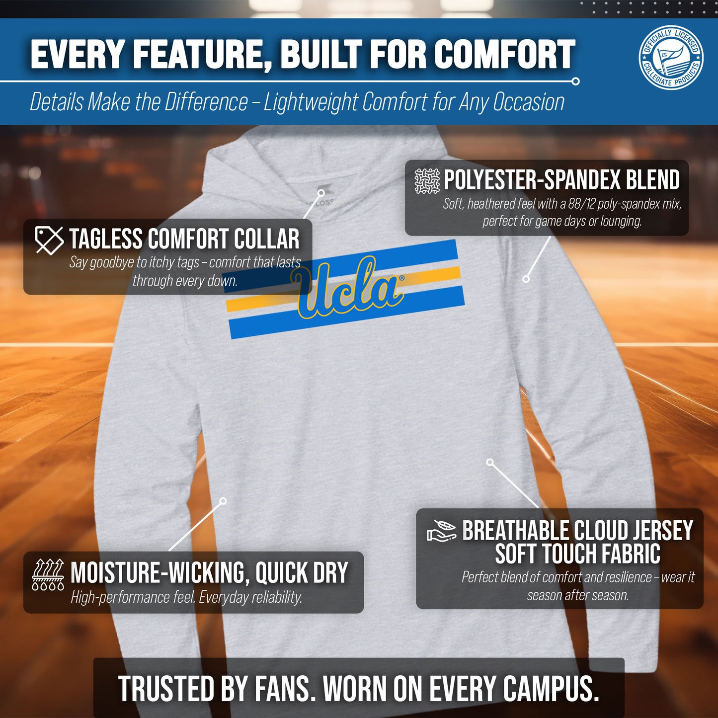 UCLA Bruins NCAA Unisex Scholarship Cloud Jersey Performance Hooded Long Sleeve Tee - Gray Heather