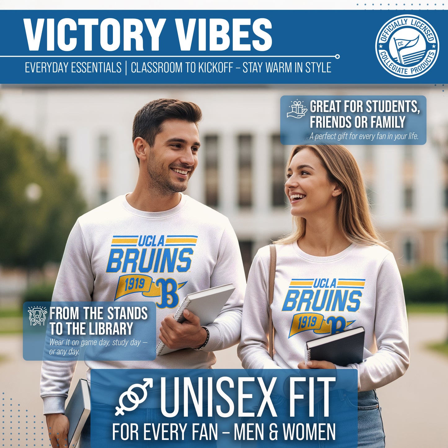 UCLA Bruins NCAA Adult Unisex Varsity Club Pennant Crewneck Fleece Sweatshirt - Off White