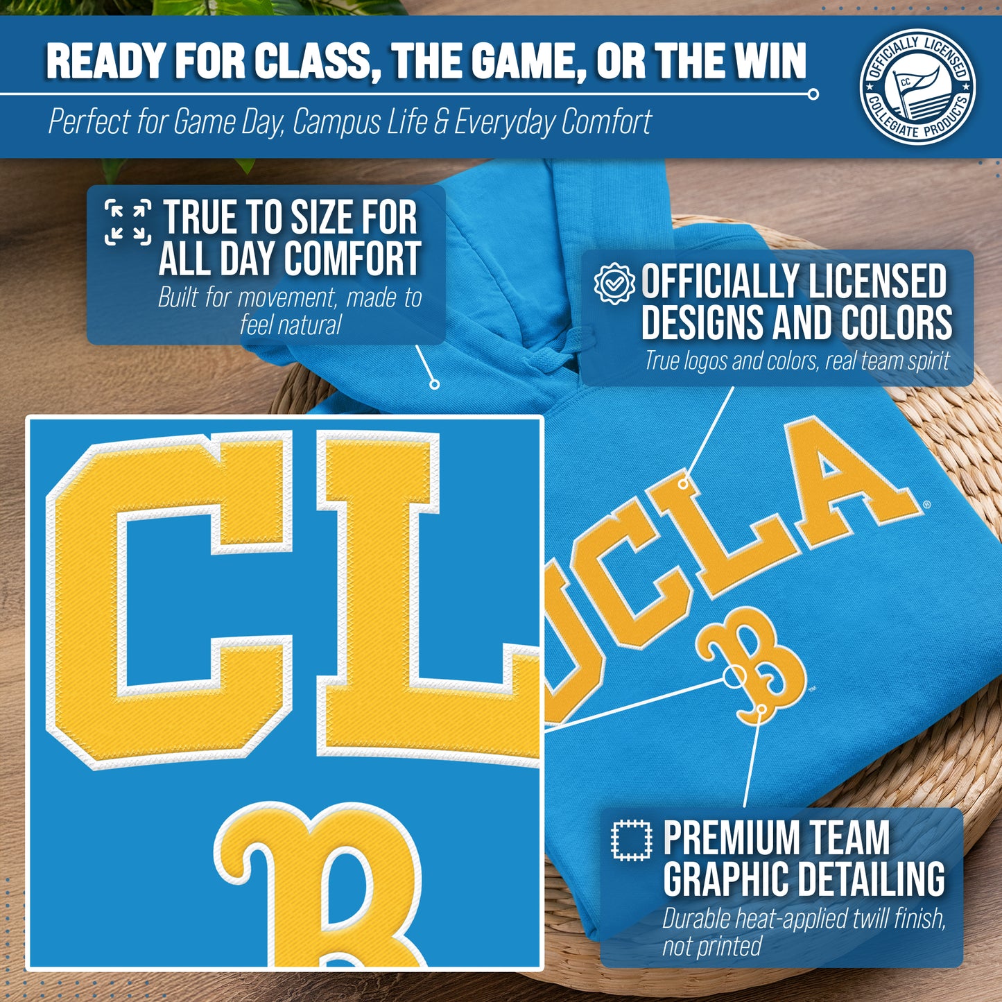 UCLA Bruins NCAA Adult Tackle Twill Hooded Sweatshirt - Light Blue