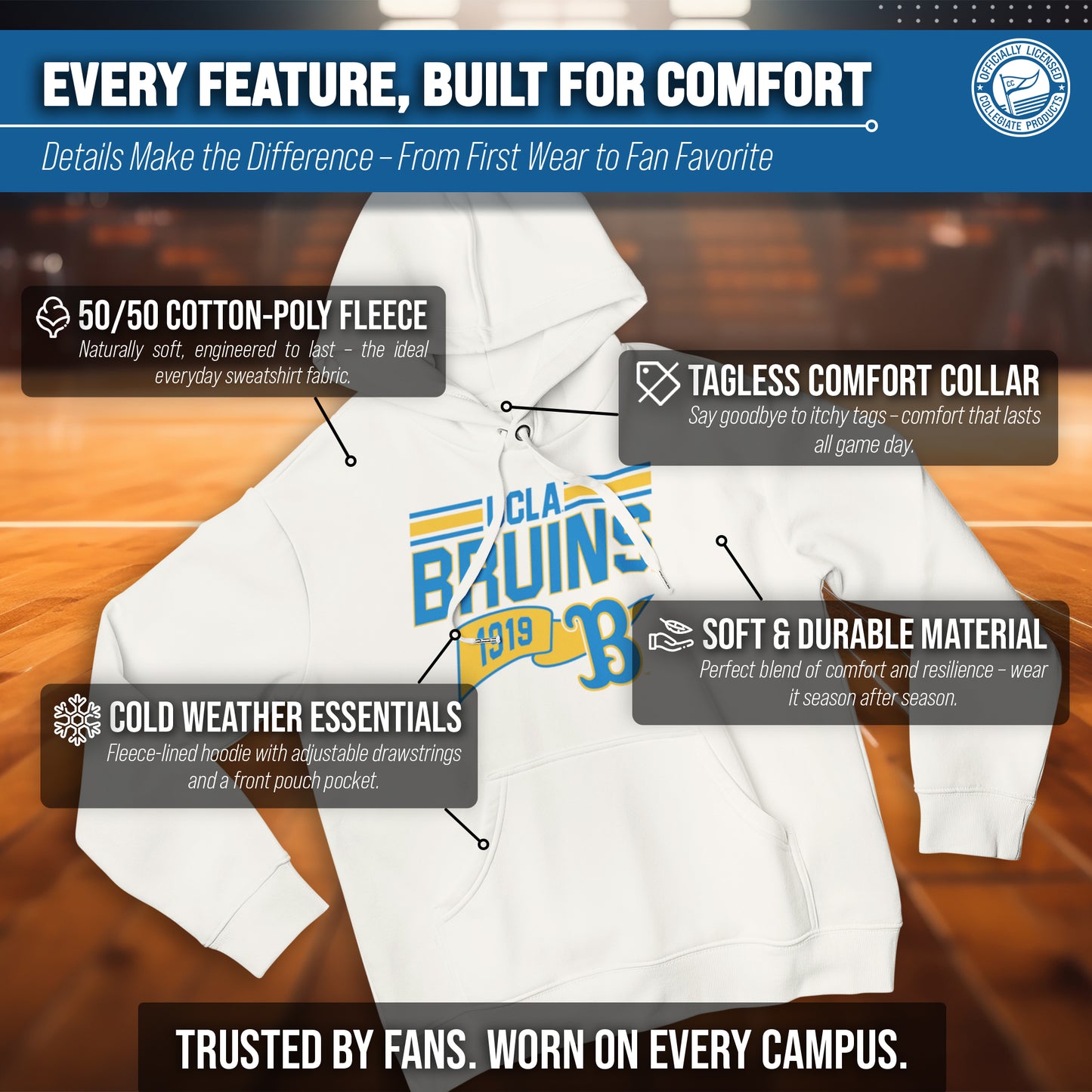 UCLA Bruins NCAA Adult Unisex Varsity Club Pennant Hooded Fleece Sweatshirt - Off White