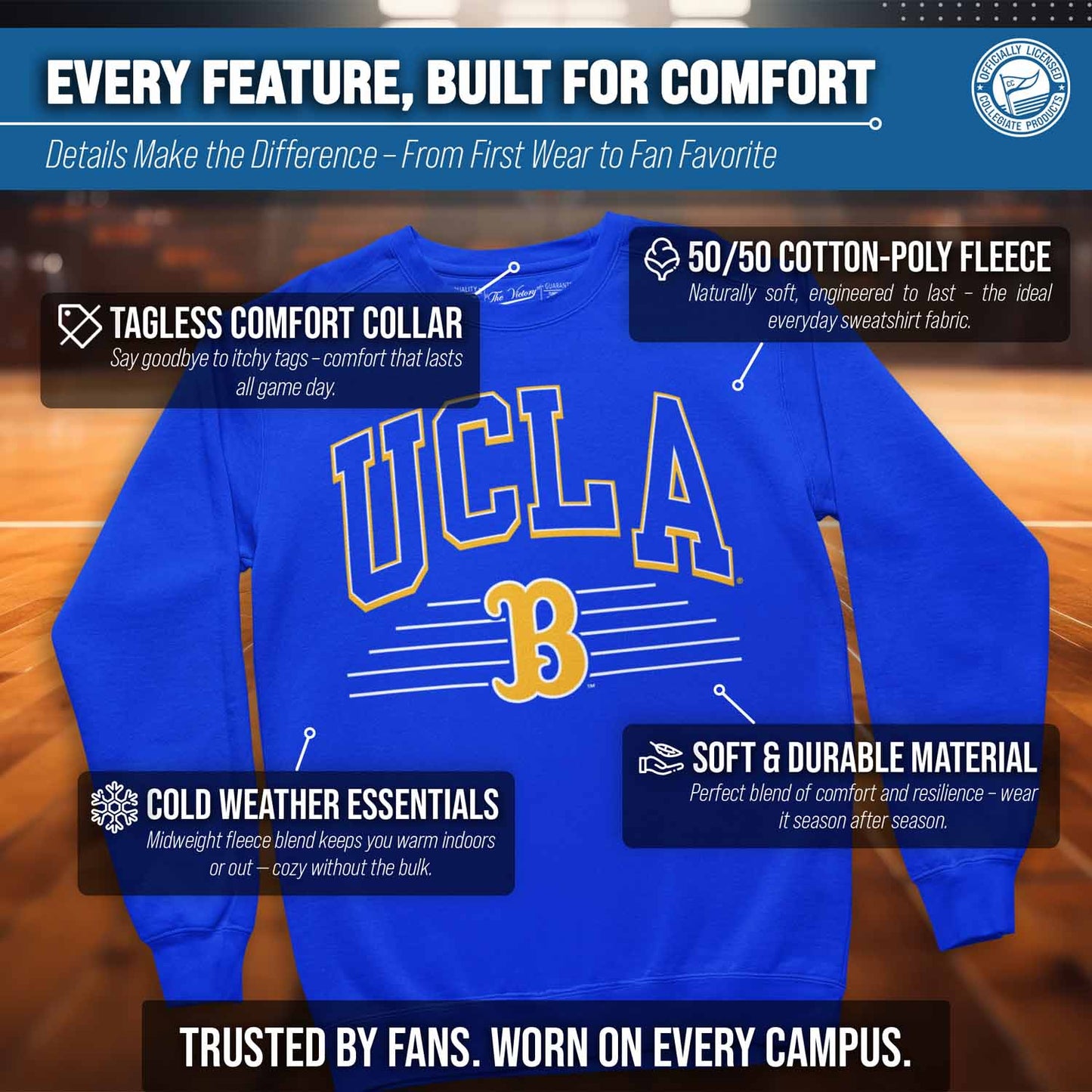 UCLA Bruins NCAA Adult Unisex Overtime Classics Crewneck Fleece Sweatshirt - Blue
