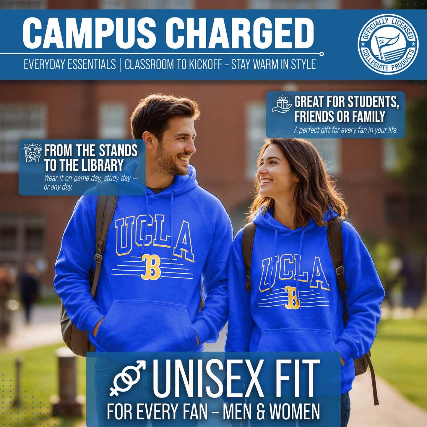 UCLA Bruins NCAA Adult Unisex Overtime Classics Hooded Fleece Sweatshirt - Blue