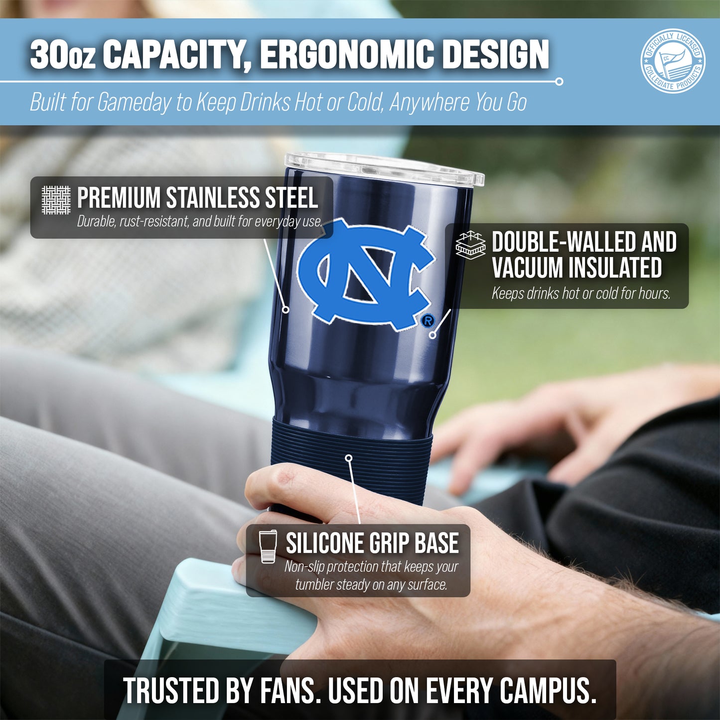 North Carolina Tar Heels NCAA University 30oz Stainless Steel Vacuum Insulated Game Day Tumbler with Silicone Grip - Navy