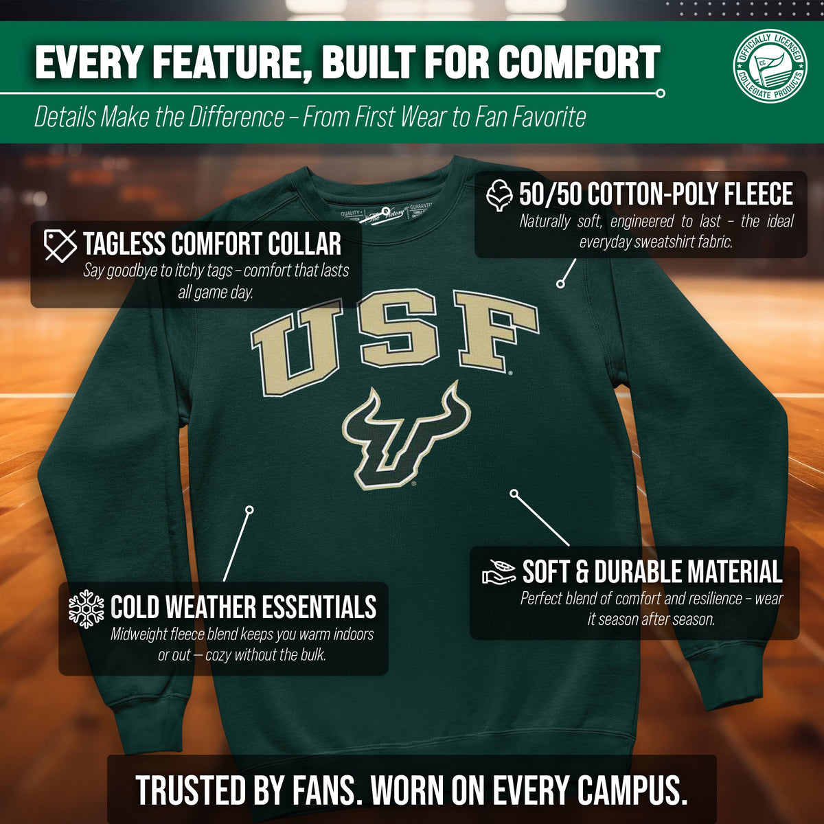 USF Bulls Fleece Pullover Crewneck Sweatshirt for Men and Women - Green